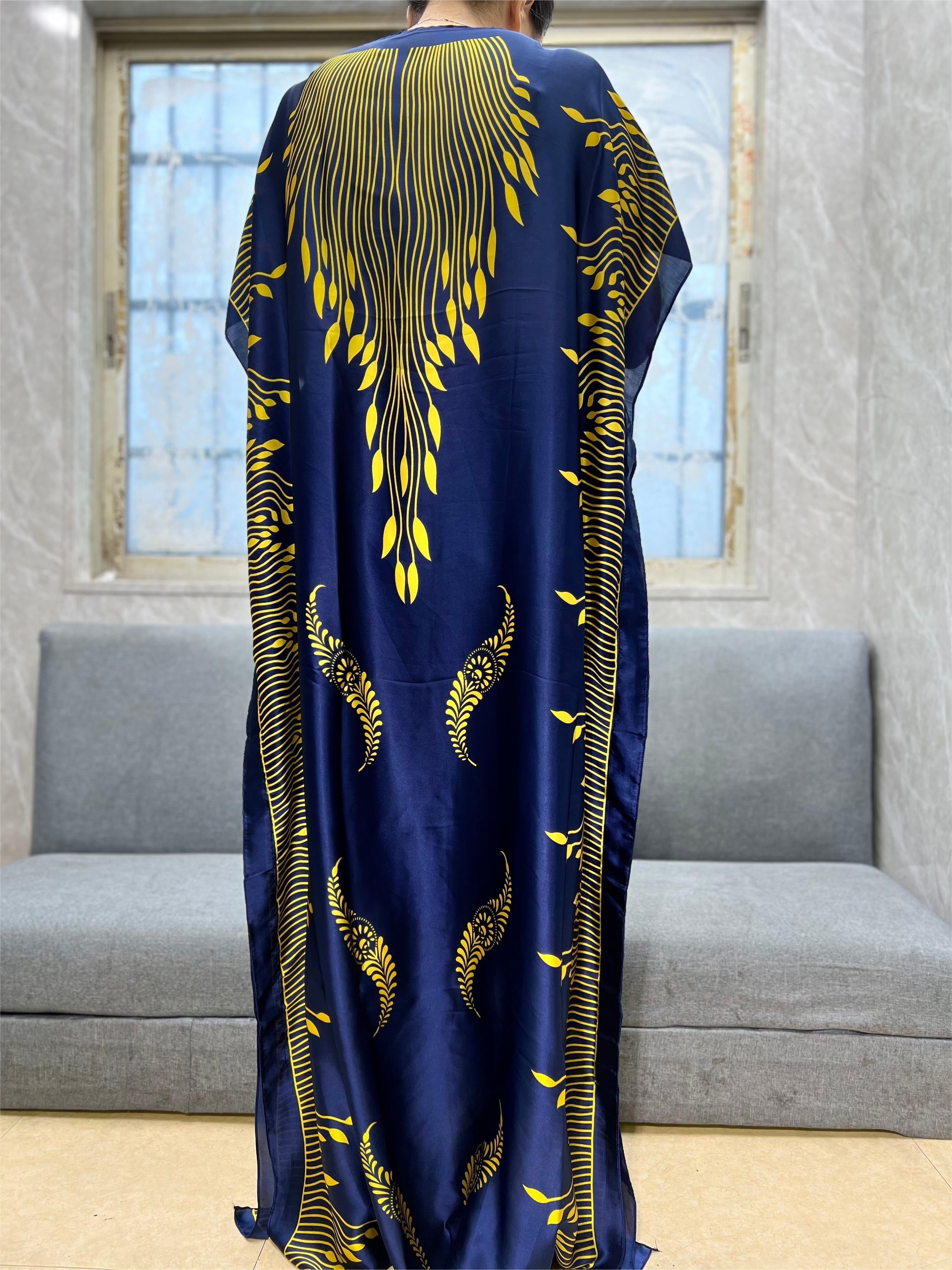 Elegant Maxi Dress with Hijab - Geometric & Floral Print, Batwing Sleeves, Round Neck - Polyester, Non-Stretch Fabric for Women