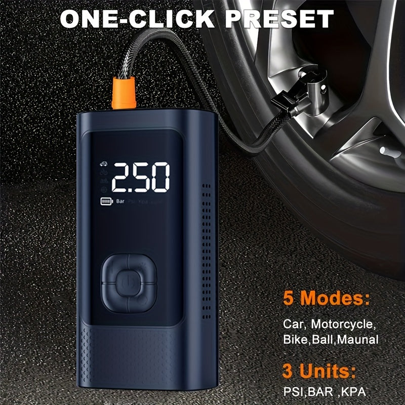 Portable electric air pump, tire inflator, intelligent air equipment, air compressor, large capacity battery, predetermined tire pressure, one-button inflation, lighting, LED digital display, suitable for cars, motorcycles, bicycles, balls, inflators