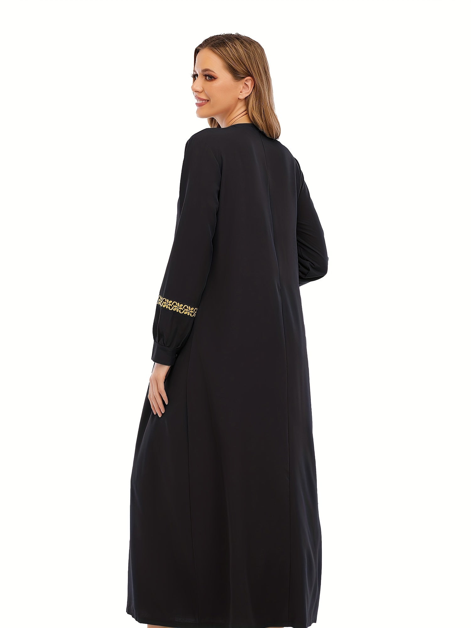 Ramadan Contrast Trim Kaftan, Elegant Long Sleeve Maxi Length Dress, Women's Clothing