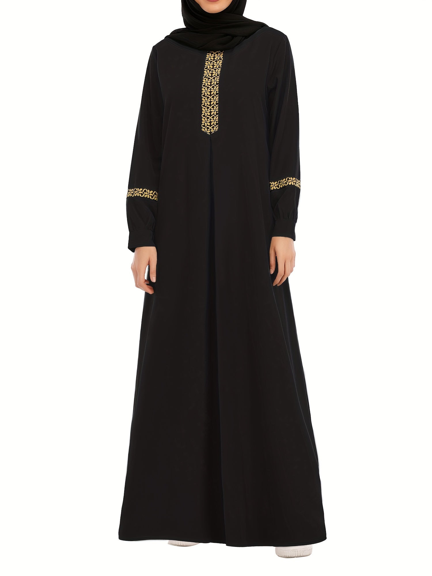 Ramadan Contrast Trim Kaftan, Elegant Long Sleeve Maxi Length Dress, Women's Clothing