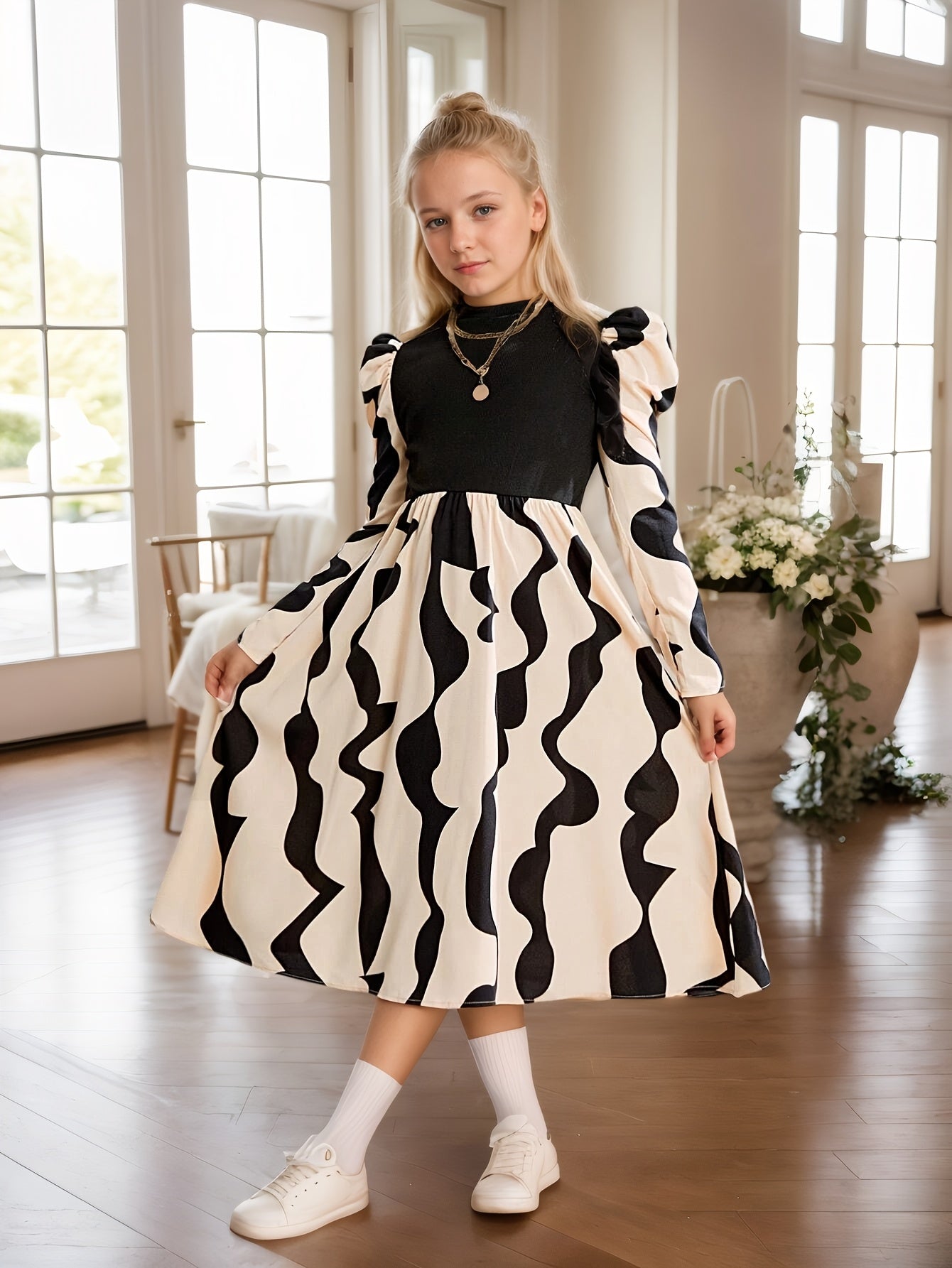 Elegant Girls' Black & White Geometric Pattern Knit Dress with Puff Sleeves - Long Sleeve, Mid-Length, Machine Washable - Perfect for Spring/Summer/Fall Events, Clothes for Girls