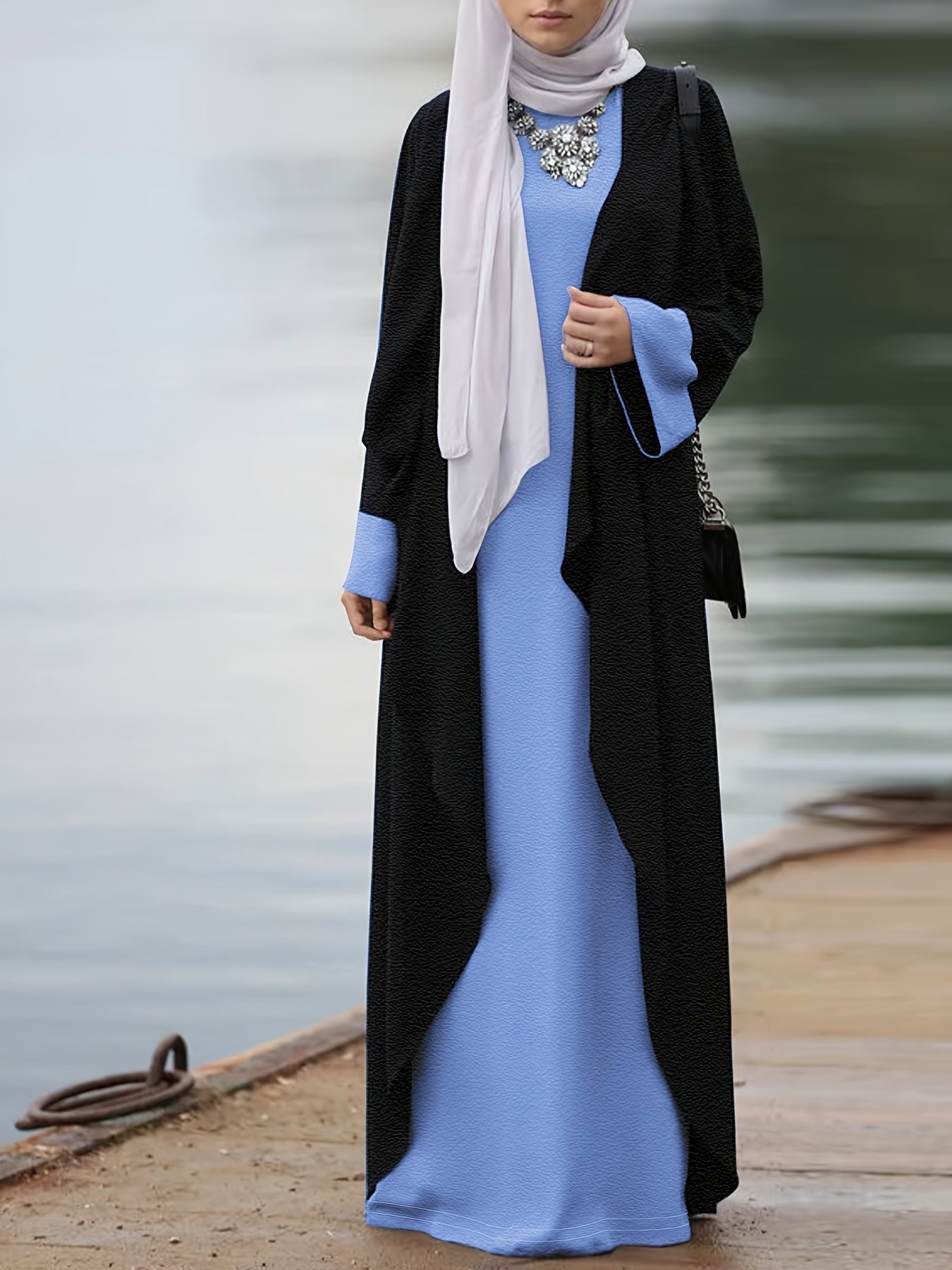 Two-piece Set of Women's Middle Eastern Muslim Solid Color Long Dress + Robe Jacket