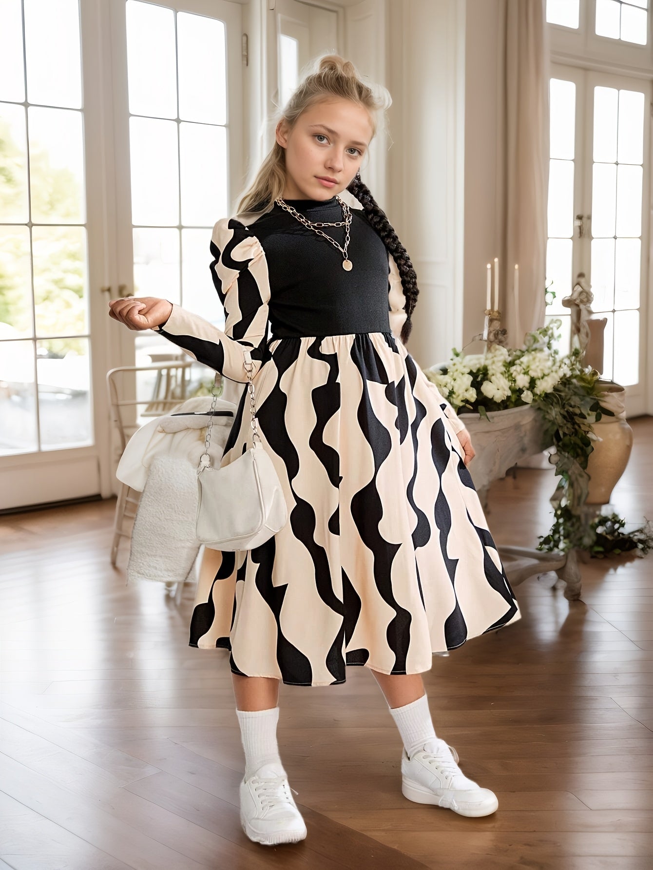 Elegant Girls' Black & White Geometric Pattern Knit Dress with Puff Sleeves - Long Sleeve, Mid-Length, Machine Washable - Perfect for Spring/Summer/Fall Events, Clothes for Girls