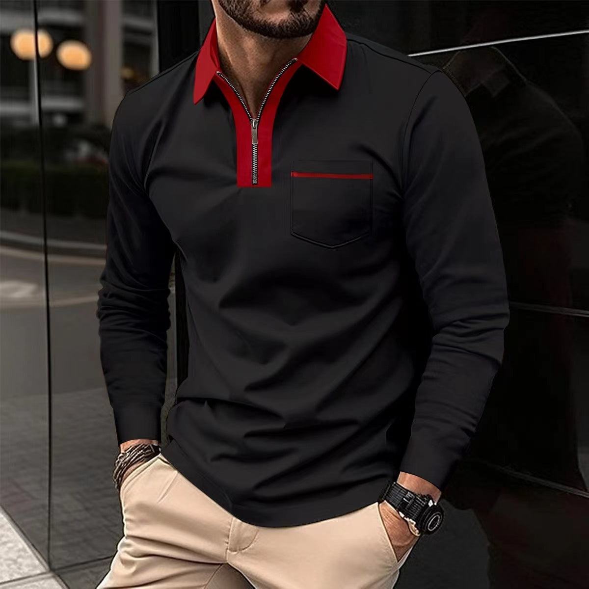 Mens Long Sleeve Zipper Polo Shirts