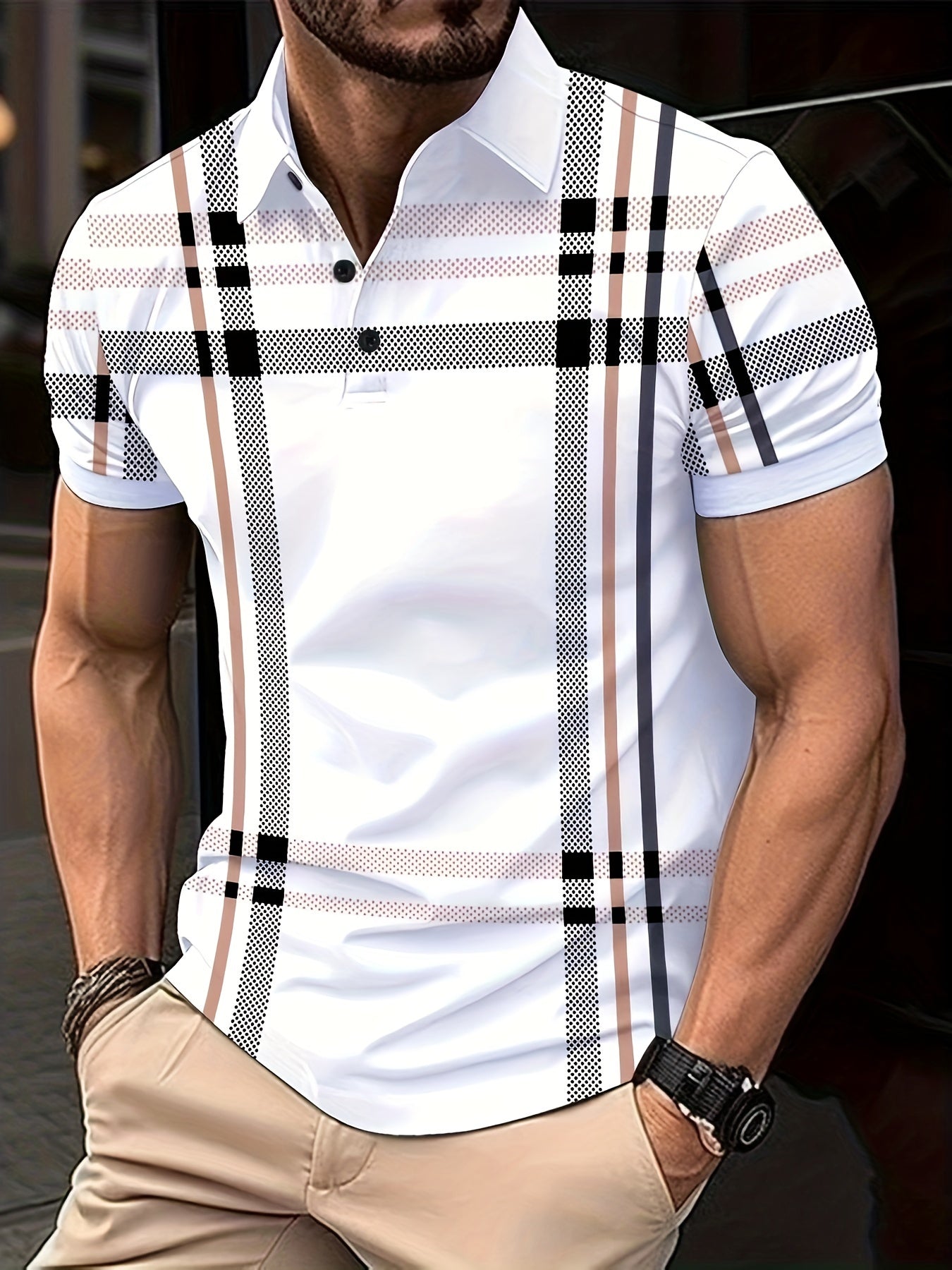 Retro Classic Plaid Print Men's Short Sleeve Lapel Shirt For Summer Outdoor