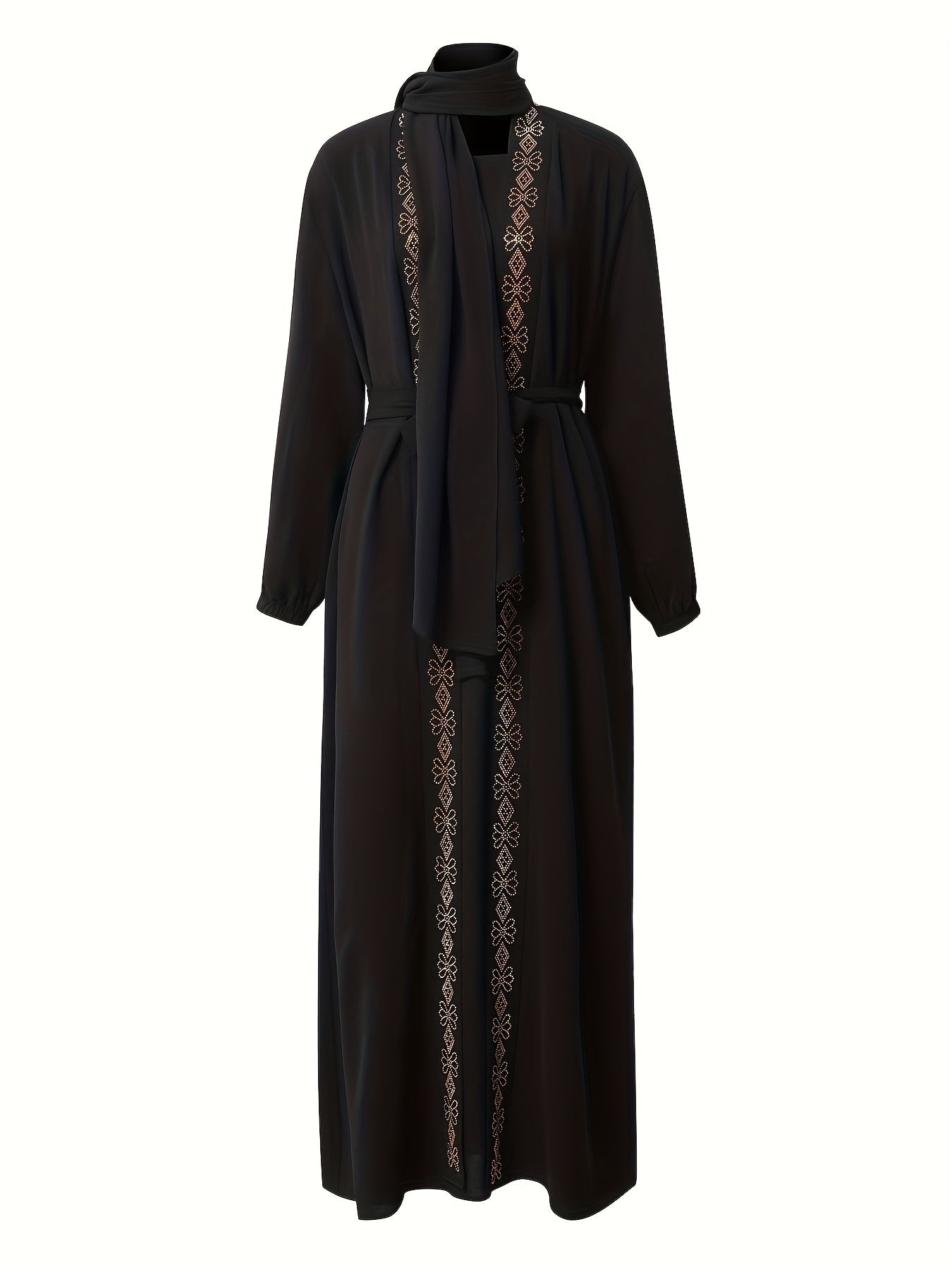 Fashionable and Elegant Muslim Middle Eastern Robe with Elegance, Long Sleeve Skirt with Pockets, Vest without Sleeves, Headscarf and Belt, Four-piece Set