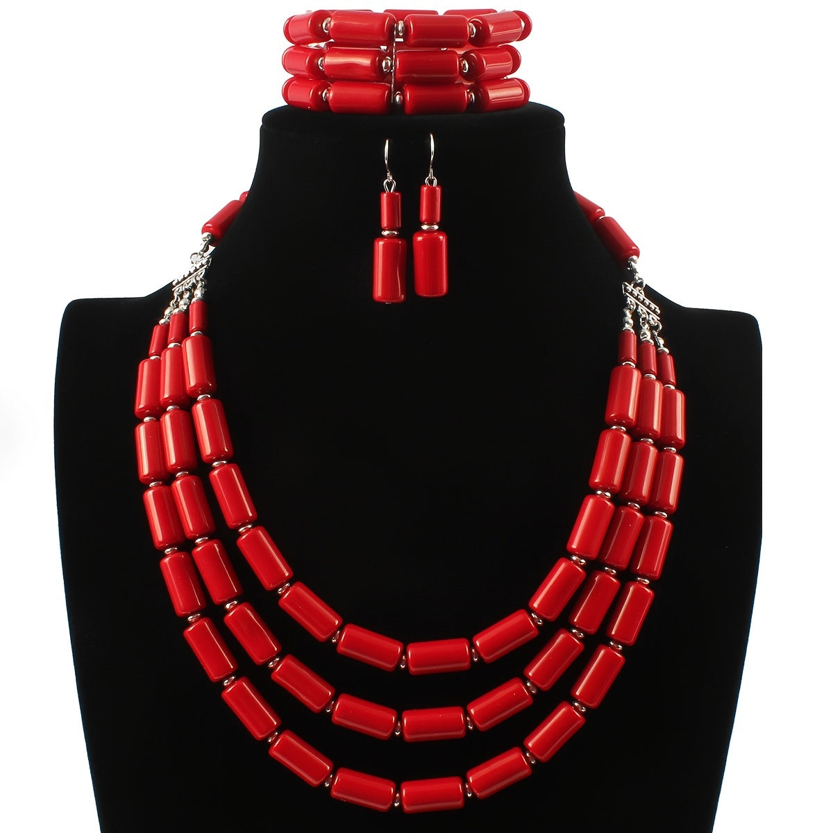 Boho Red Beaded Multilayer Necklace & Earrings & Bangle Resin Jewelry Set Personality Accessories Party Holiday Favors