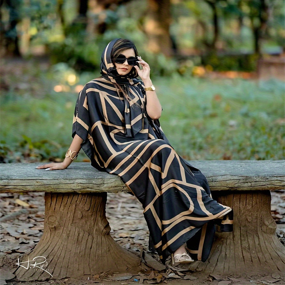 Boho Chic Geometric Print Kaftan Dress - Loose Fit, Sun-Protective Polyester Shawl for Women