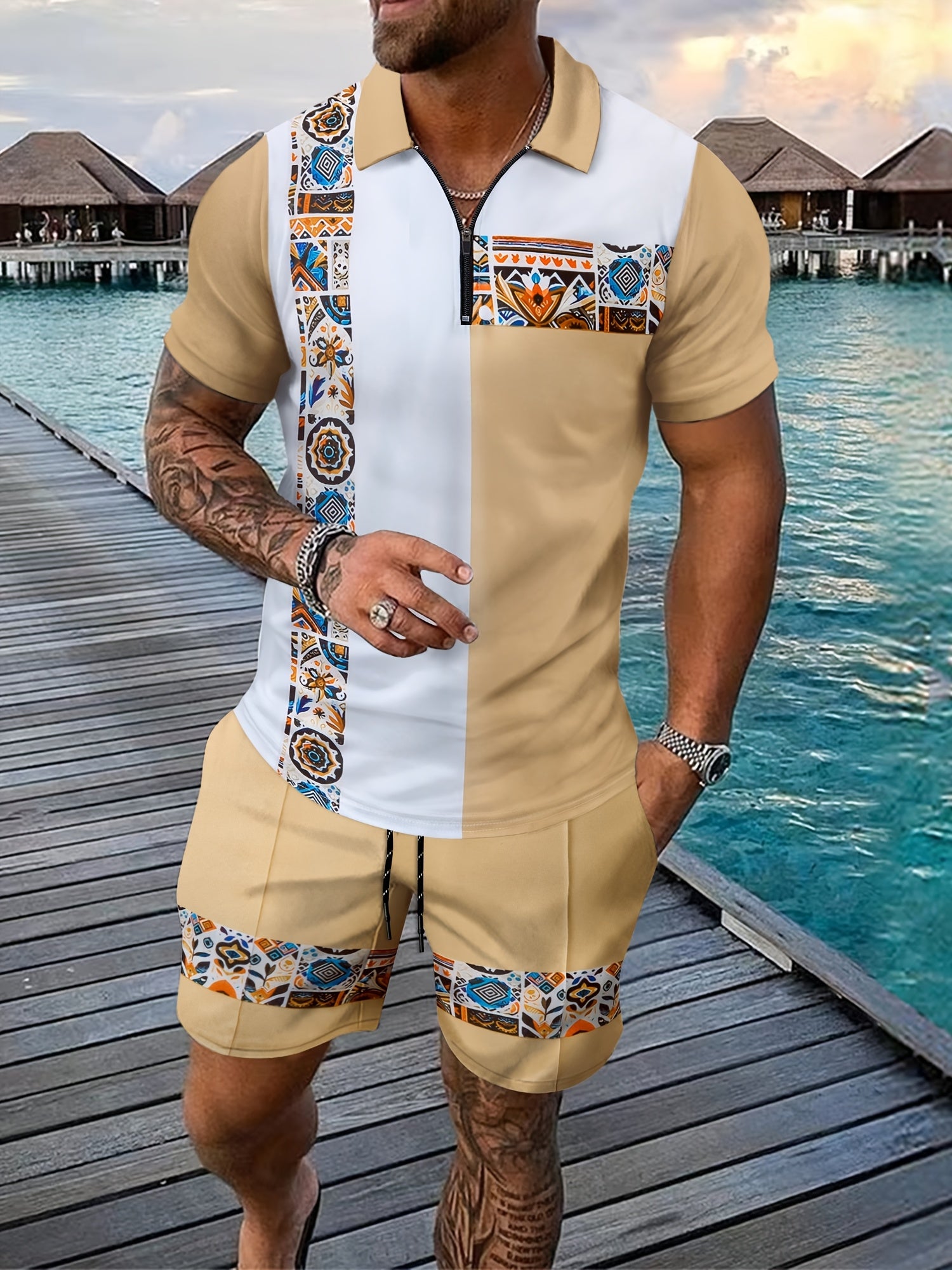 New Summer Men's Suit Daily Casual Fashion Loose Comfortable Short Sleeve Trendy Sports Shorts Novelty Striped Print