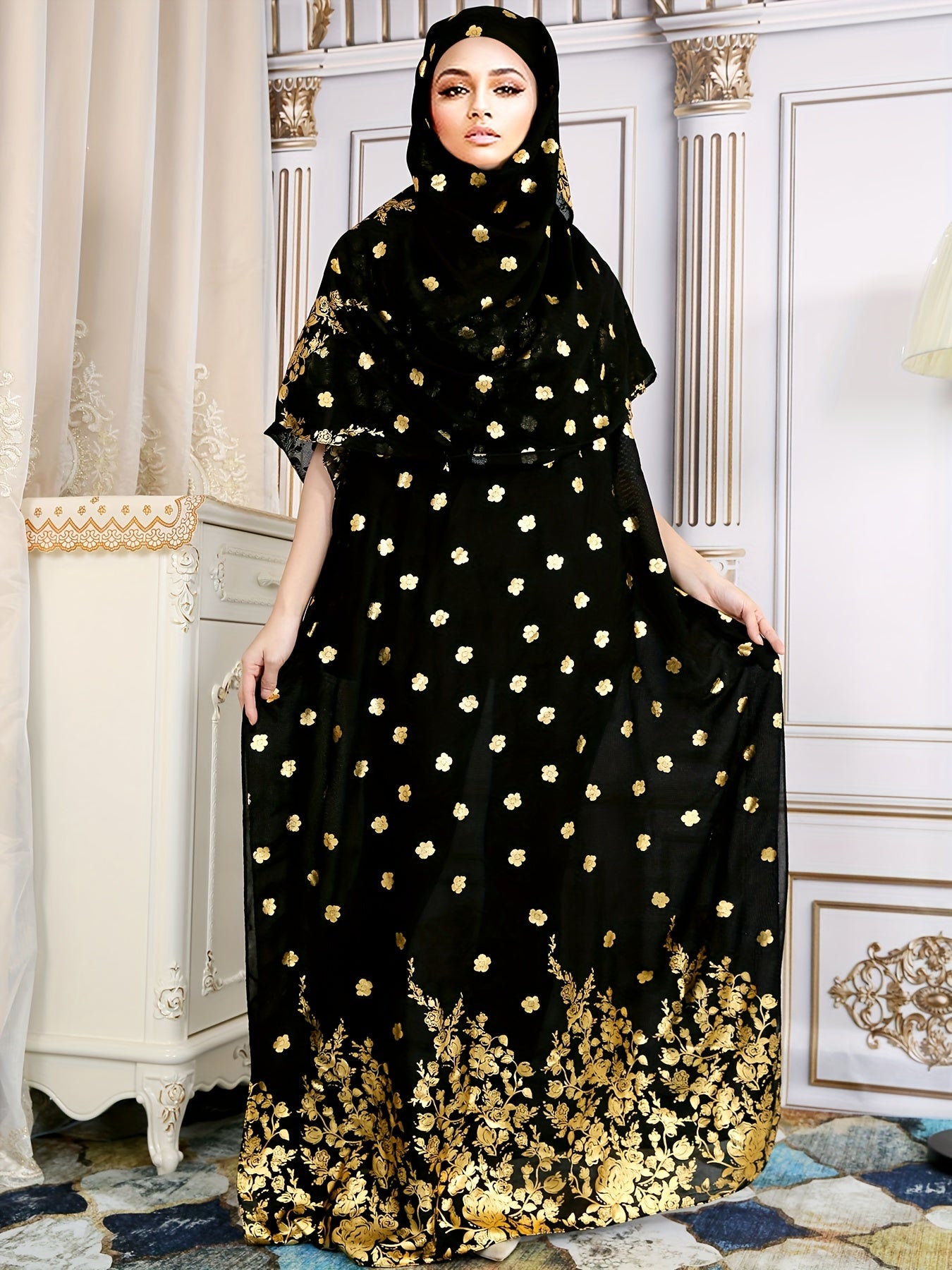 Mystical Muslim National Style Flower Print Headscarf Round Neck Dress Elegant Comfortable Loose Abayas Long Robe Muslim Long Skirt