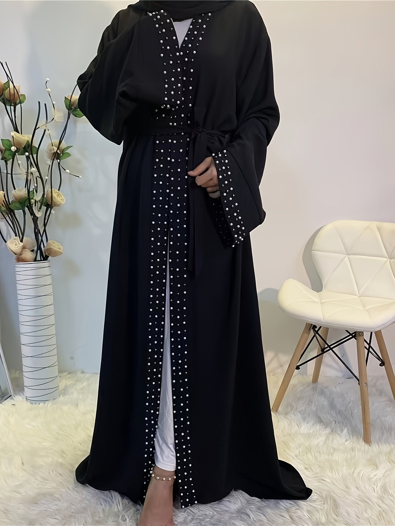 Ramadan Beaded Kaftan Long Line Cardigan, Casual Long Sleeve Loose Middle East Long Line Cardigan, Women's Clothing