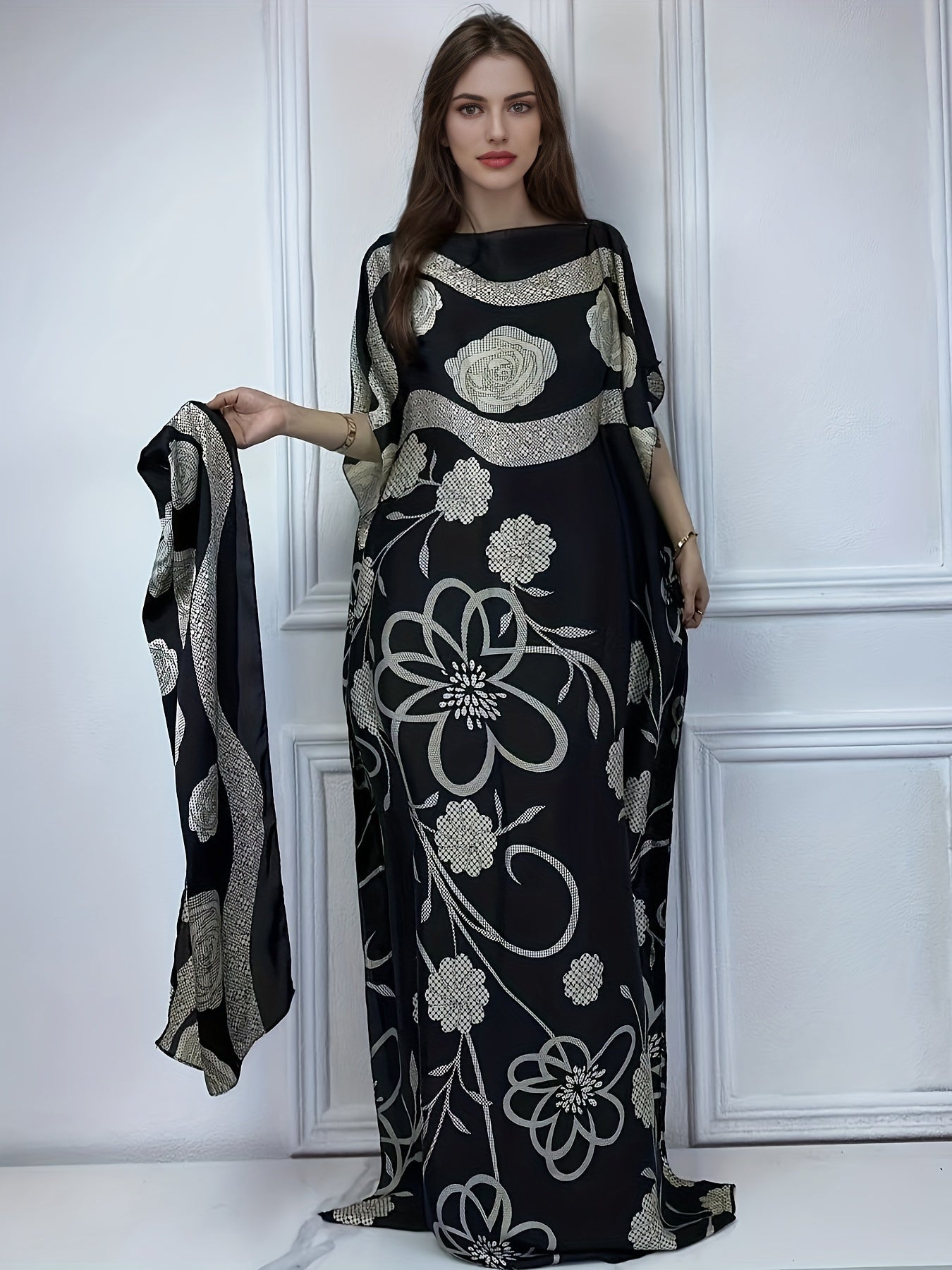 Elegant Floral Print Kaftan Abaya with Belt - Modest Short Sleeve Maxi Dress for Women, Perfect for Spring/Summer, Summer Print, Crew Neck