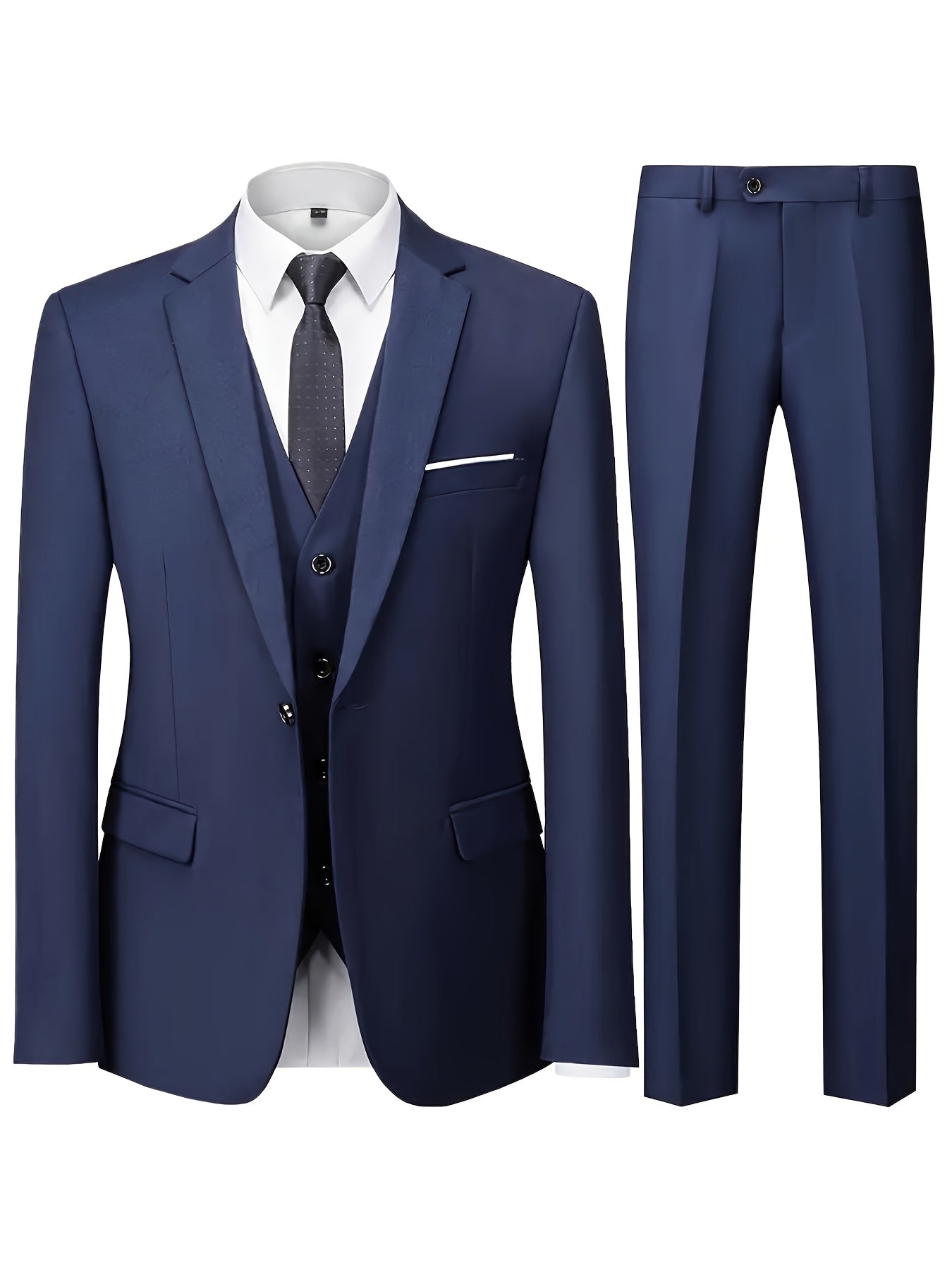 3pcs Men's Classic Solid Color Suit Set - Polyester 100% Long Sleeve Lapel Blazer with Button Details, Non-Stretch Fabric, Regular Fit for All Seasons