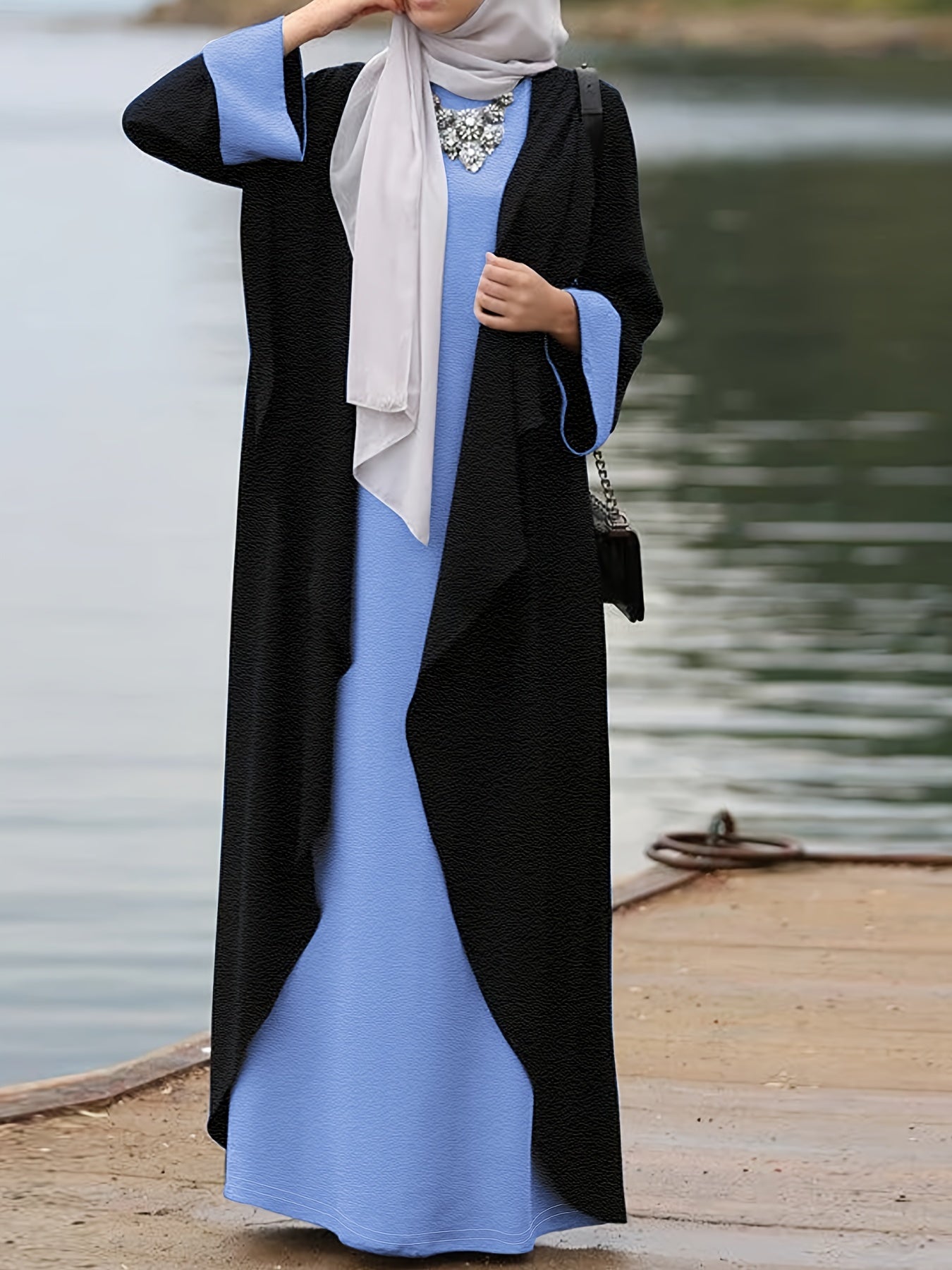 Two-piece Set of Women's Middle Eastern Muslim Solid Color Long Dress + Robe Jacket