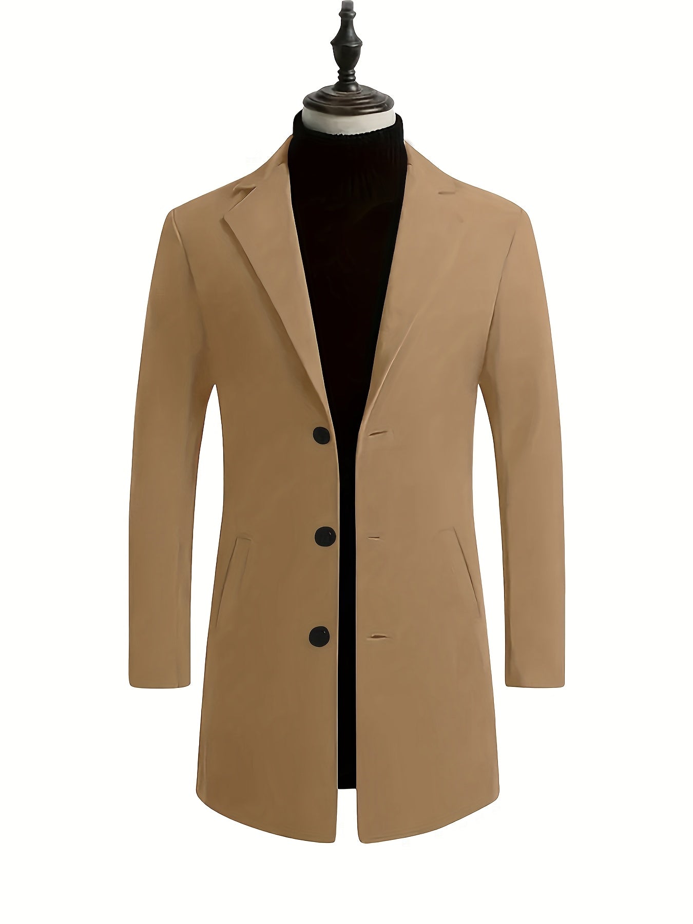 1pc Men'S Fall/Winter Polyester Coat - 100% Solid Color Long Sleeve Lapel Work Jacket with Button Details, Non-Stretch Woven Fabric, Regular Fit