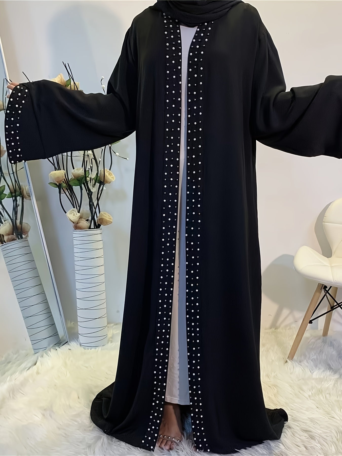 Ramadan Beaded Kaftan Long Line Cardigan, Casual Long Sleeve Loose Middle East Long Line Cardigan, Women's Clothing