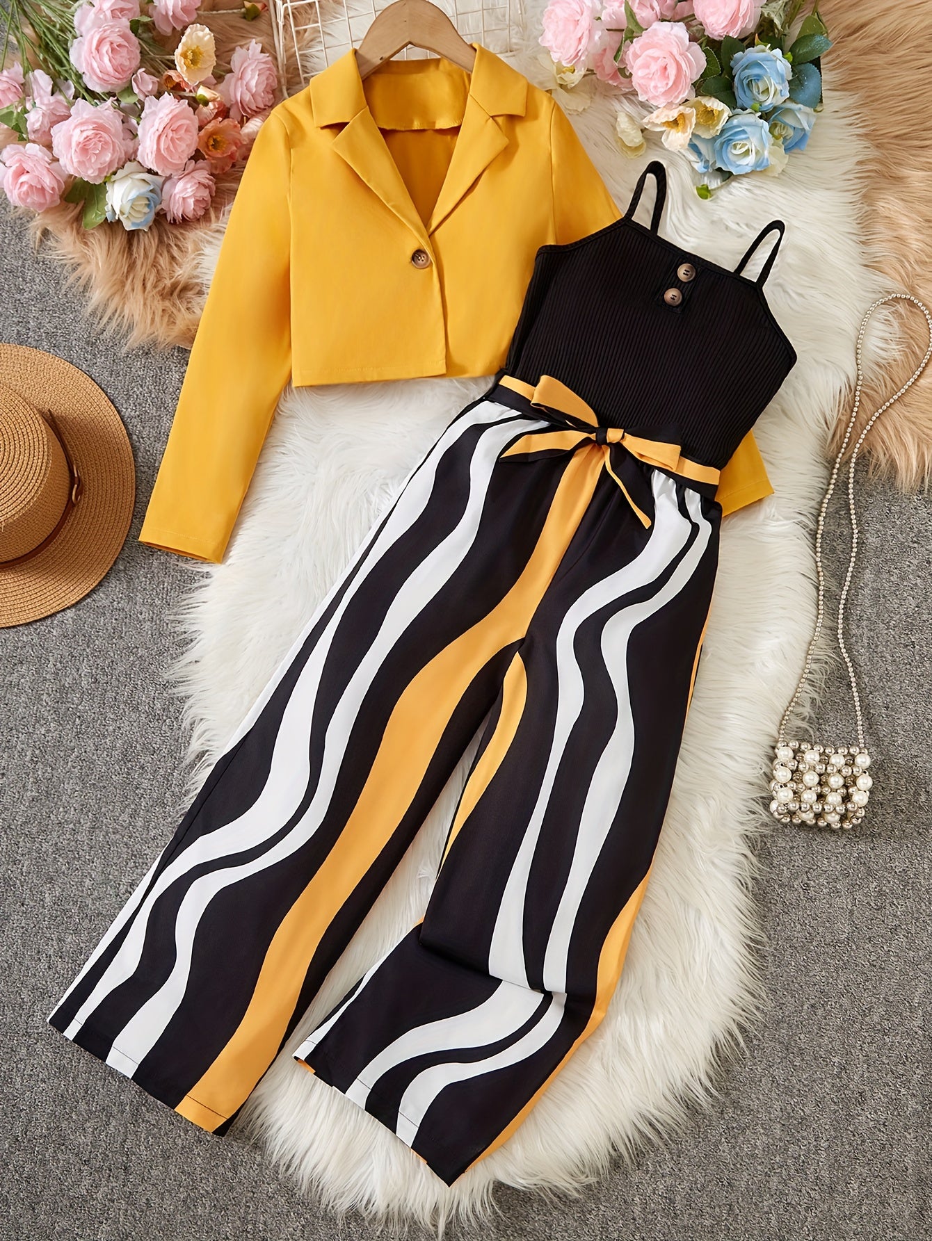 Girl's Outfit: Long Sleeve Short Blazer + Camisole + Striped Jumpsuit Set Includes Belt [Stripe Pattern Is Random], Outdoor Cloth