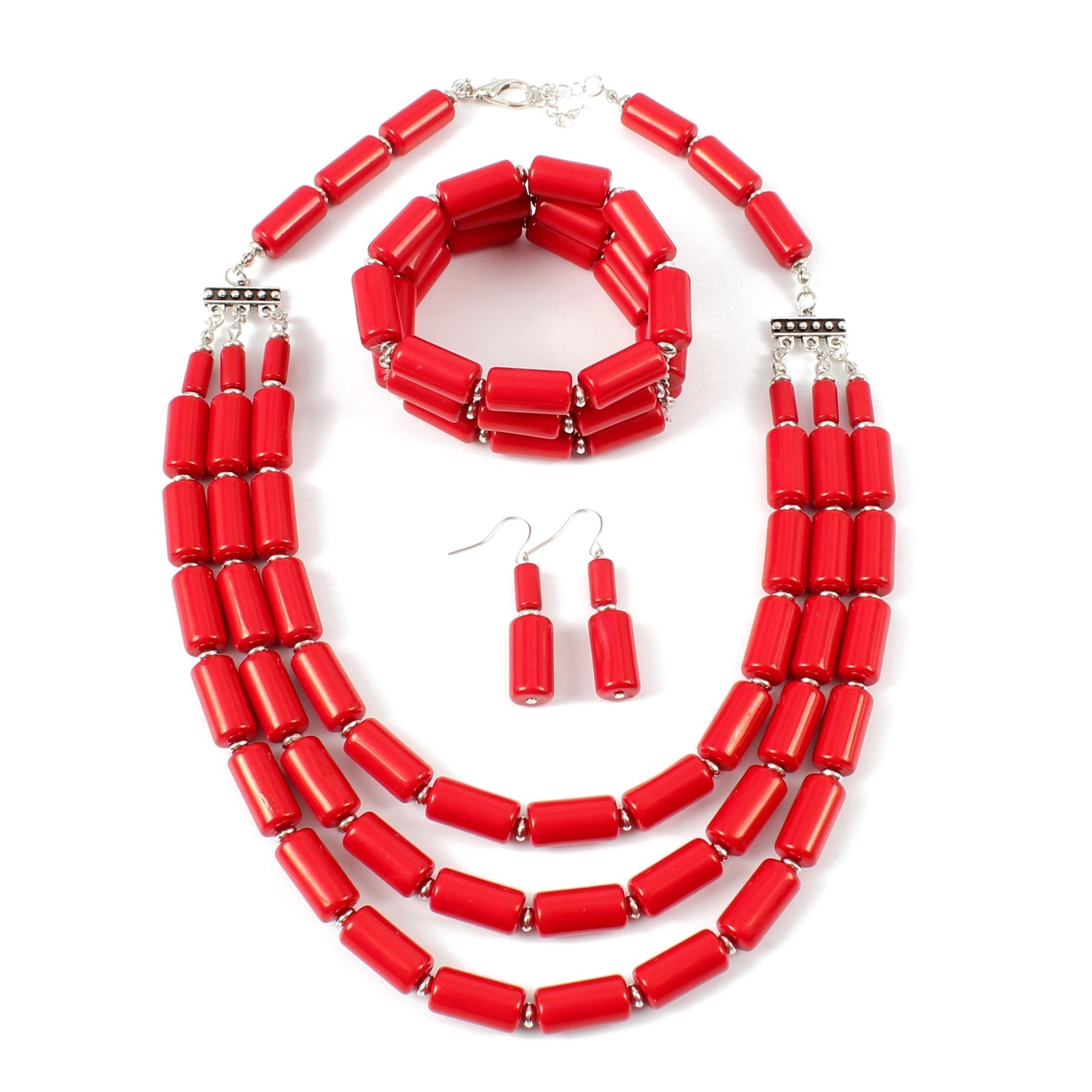 Boho Red Beaded Multilayer Necklace & Earrings & Bangle Resin Jewelry Set Personality Accessories Party Holiday Favors