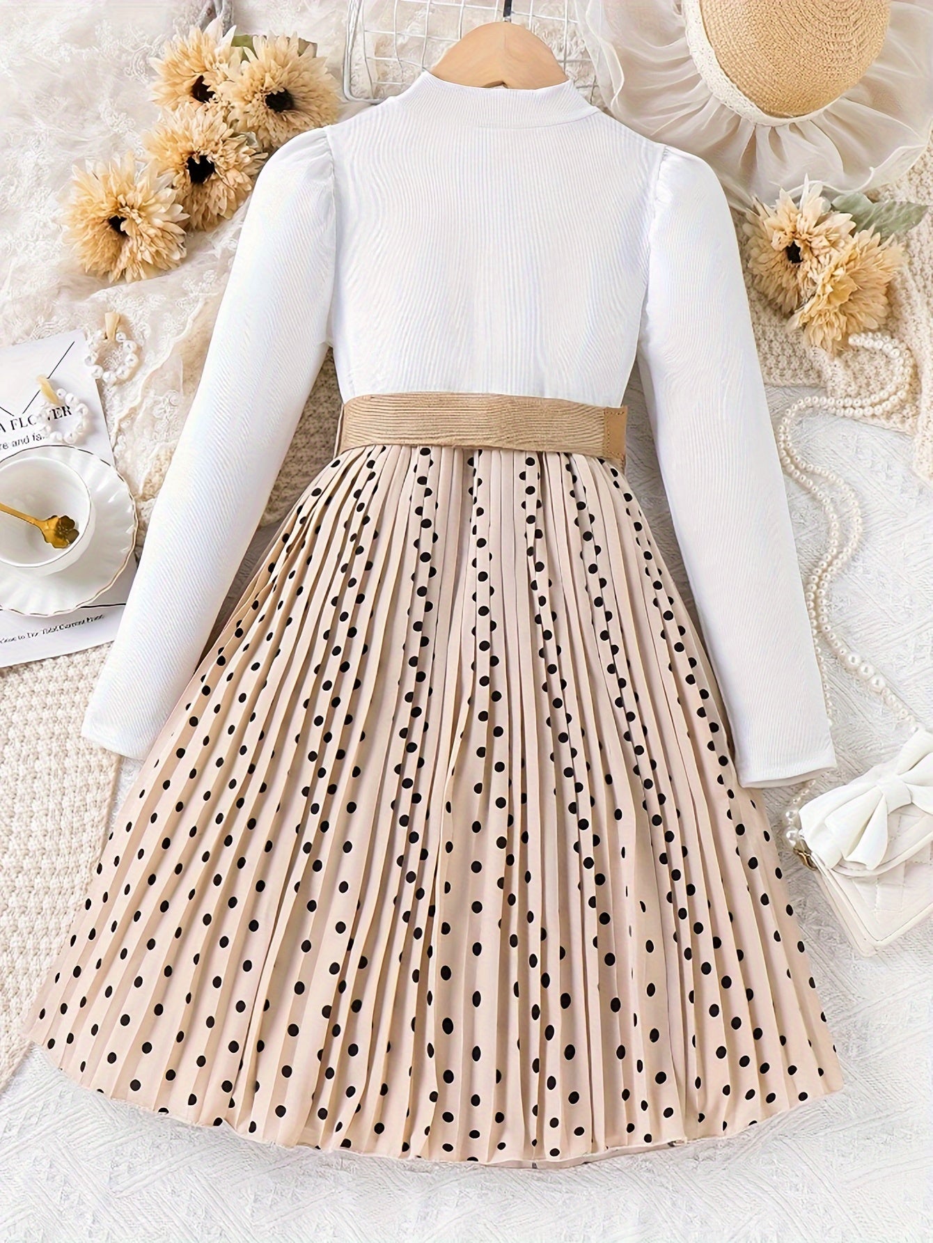 Girls Elegant & Stylish Long Sleeve Color Contrast Polka Dots Print Belted Knit Dress for Spring & Fall