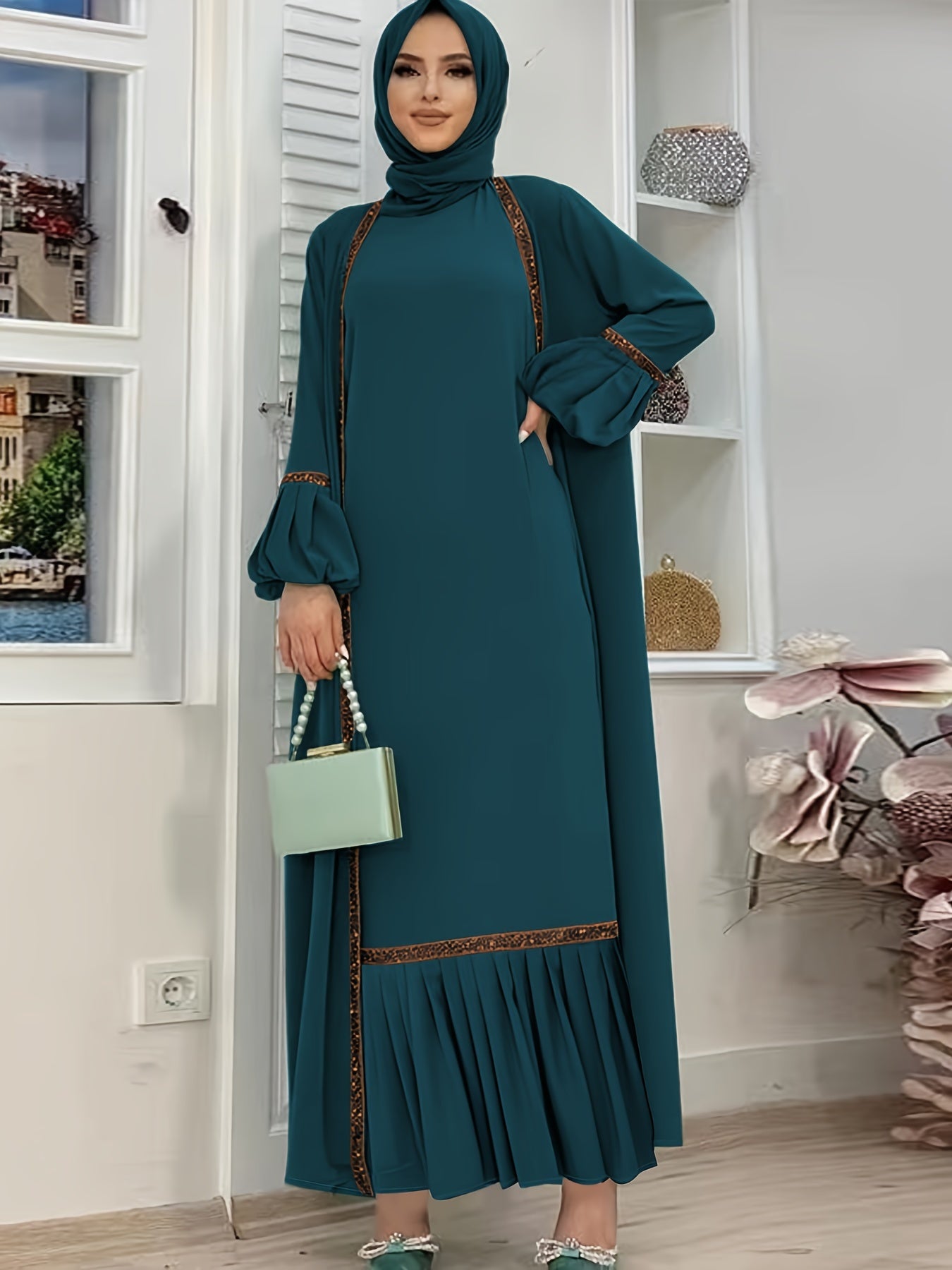 Abayas Contrast Trim Elegant Two Piece Set, Ruffle Hem Tank Dress & Lantern Sleeve Open Front Cardigan Outfits, Women's Clothing