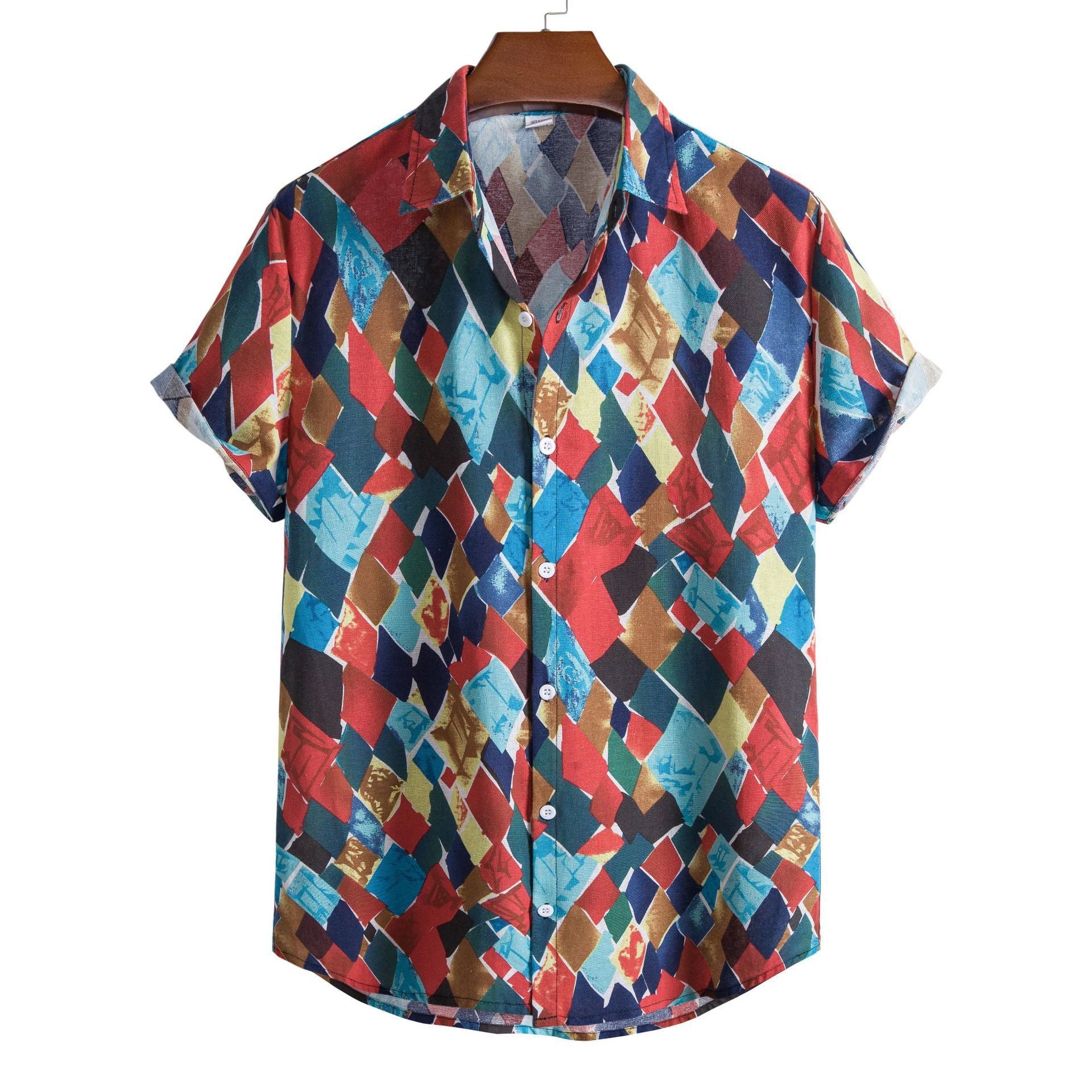 New Lapel Short Sleeve Plaid Fun Print Men's Shirt