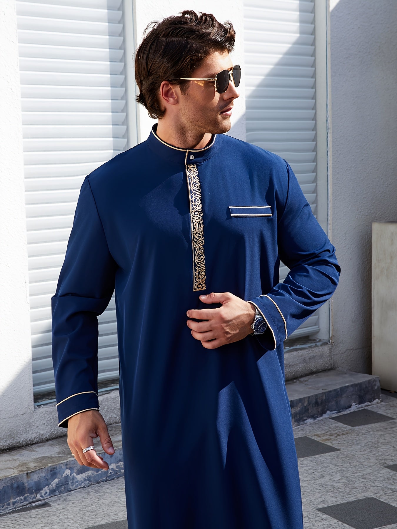 Men'S Islamic Muslim Arabic Collar Golden Embroidered Long Robe for All Seasons, Suitable for Eid Al-Fitr And Eid Al-Adha.