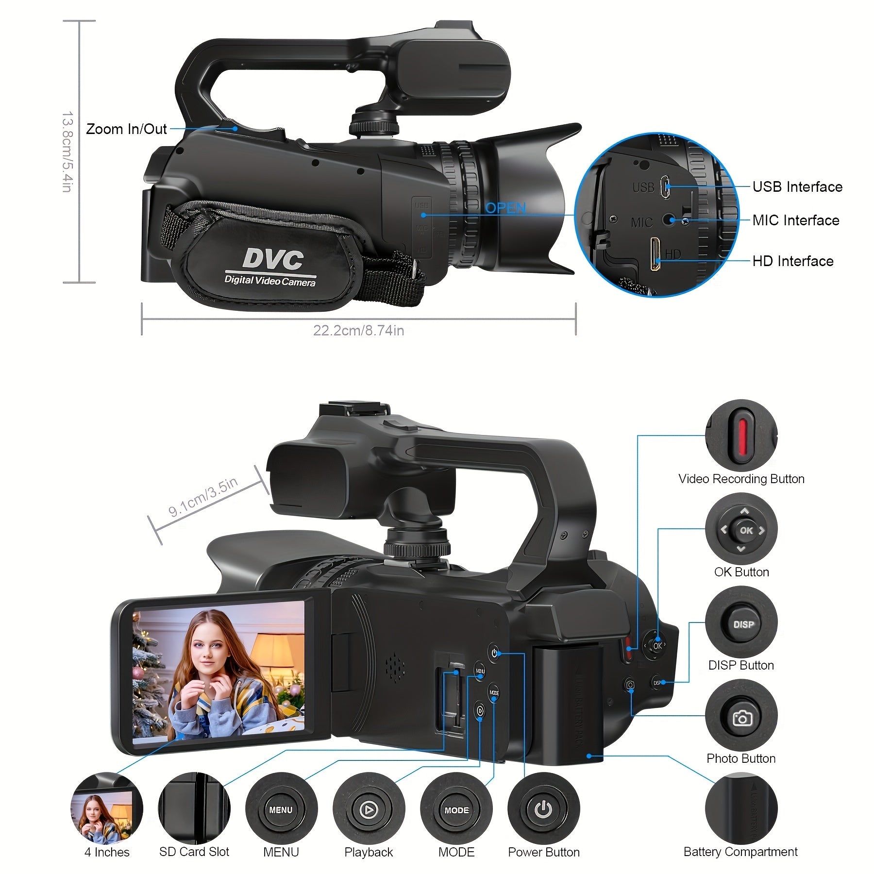 Camcorder 4K Video Camera 18x Digital Camera 270 Degree Rotating Screen For Live Streaming Vlog Video Photography