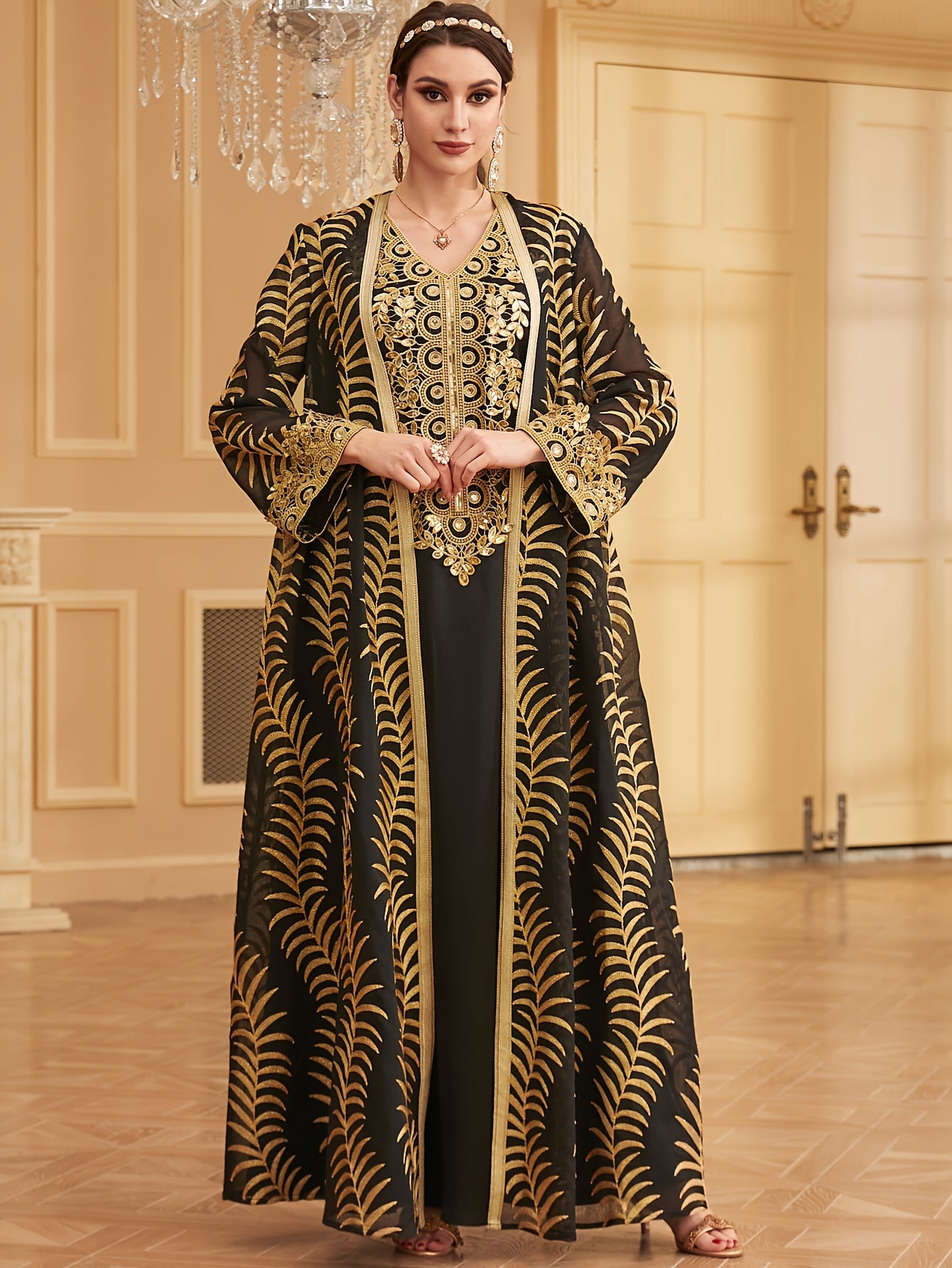 Elegant Kaftan Dress Set, Embroidered V-neck Maxi Dress & Open Front Long Sleeve Robe Outfits, Women's Clothing