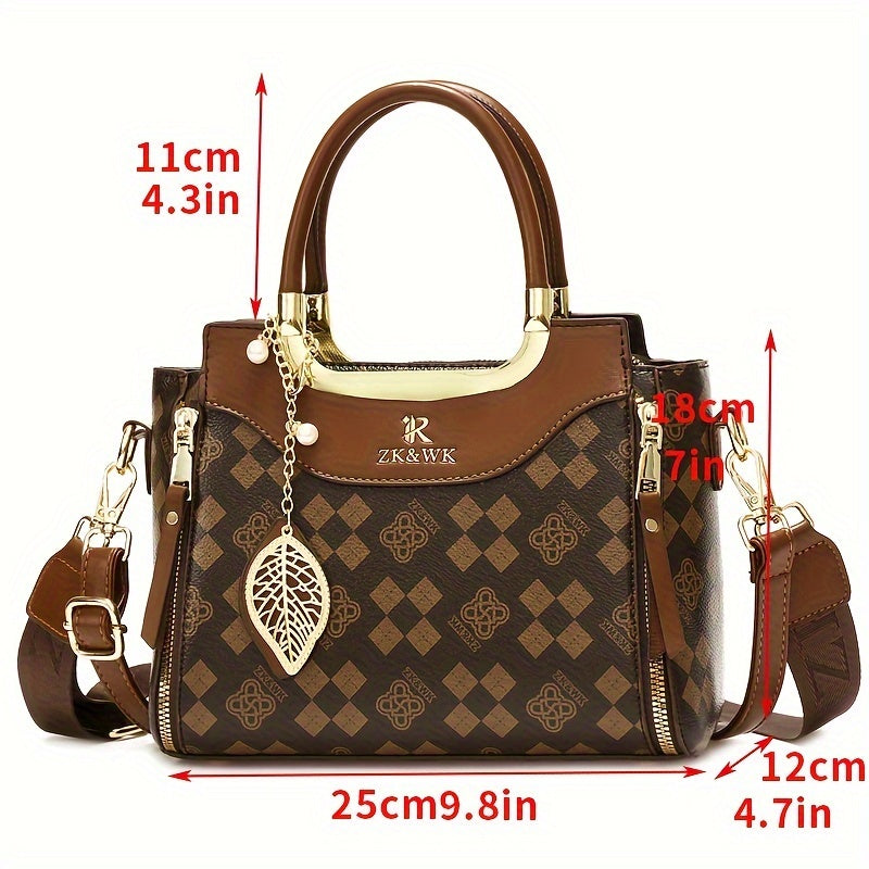 Casual Style Women's Top-Handle Bag Set with Geometric Pattern, Faux Leather, Zip Closure, Removable Strap, Polyester Lined, Taizhou - 3 Piece Set