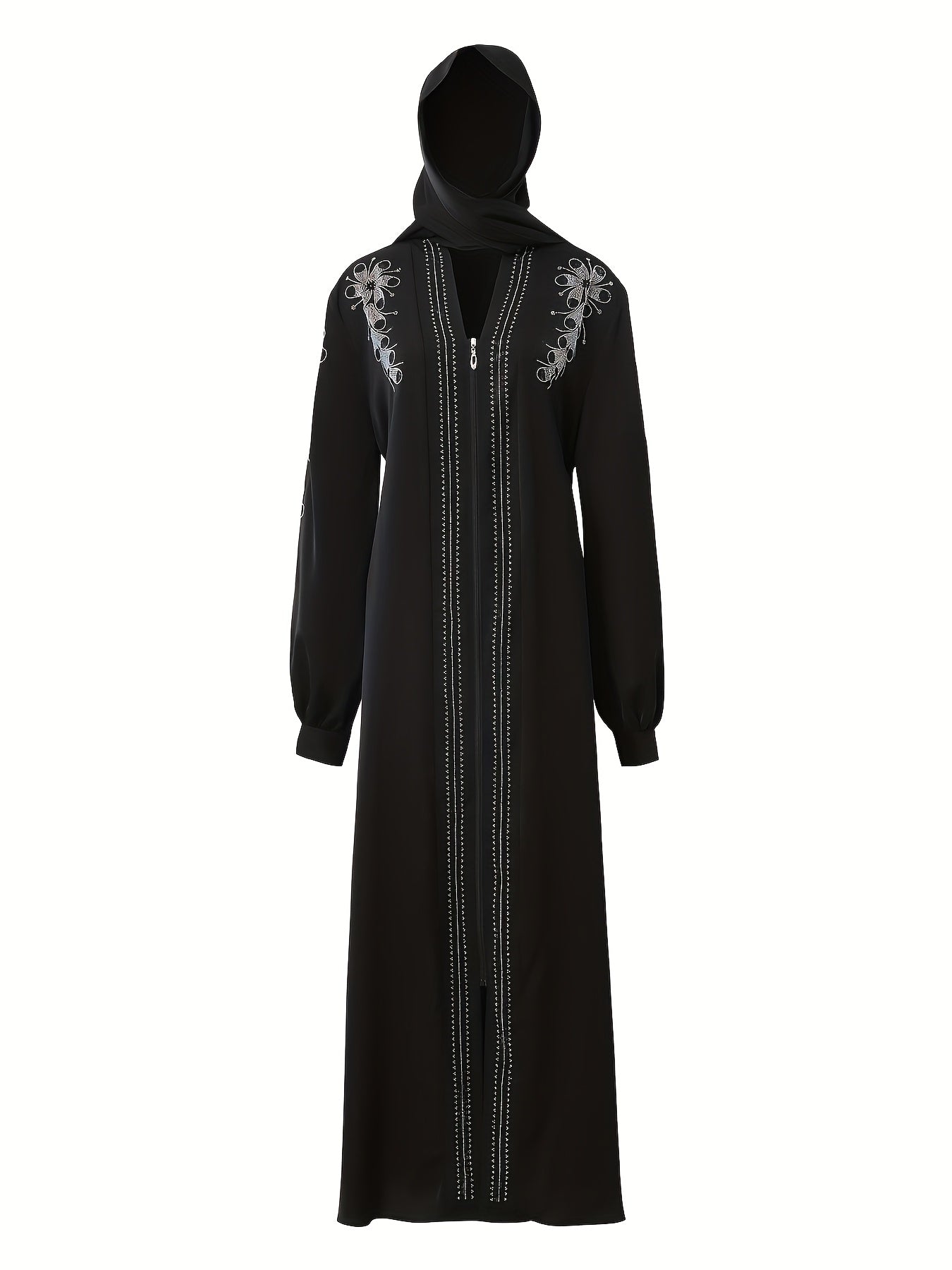 Elegant Rhinestone-Embellished Long Robe Dress with Hijab & Tie Waist - Lantern Sleeve, Button Detail, Polyester - Perfect for Spring/Summer/Fall