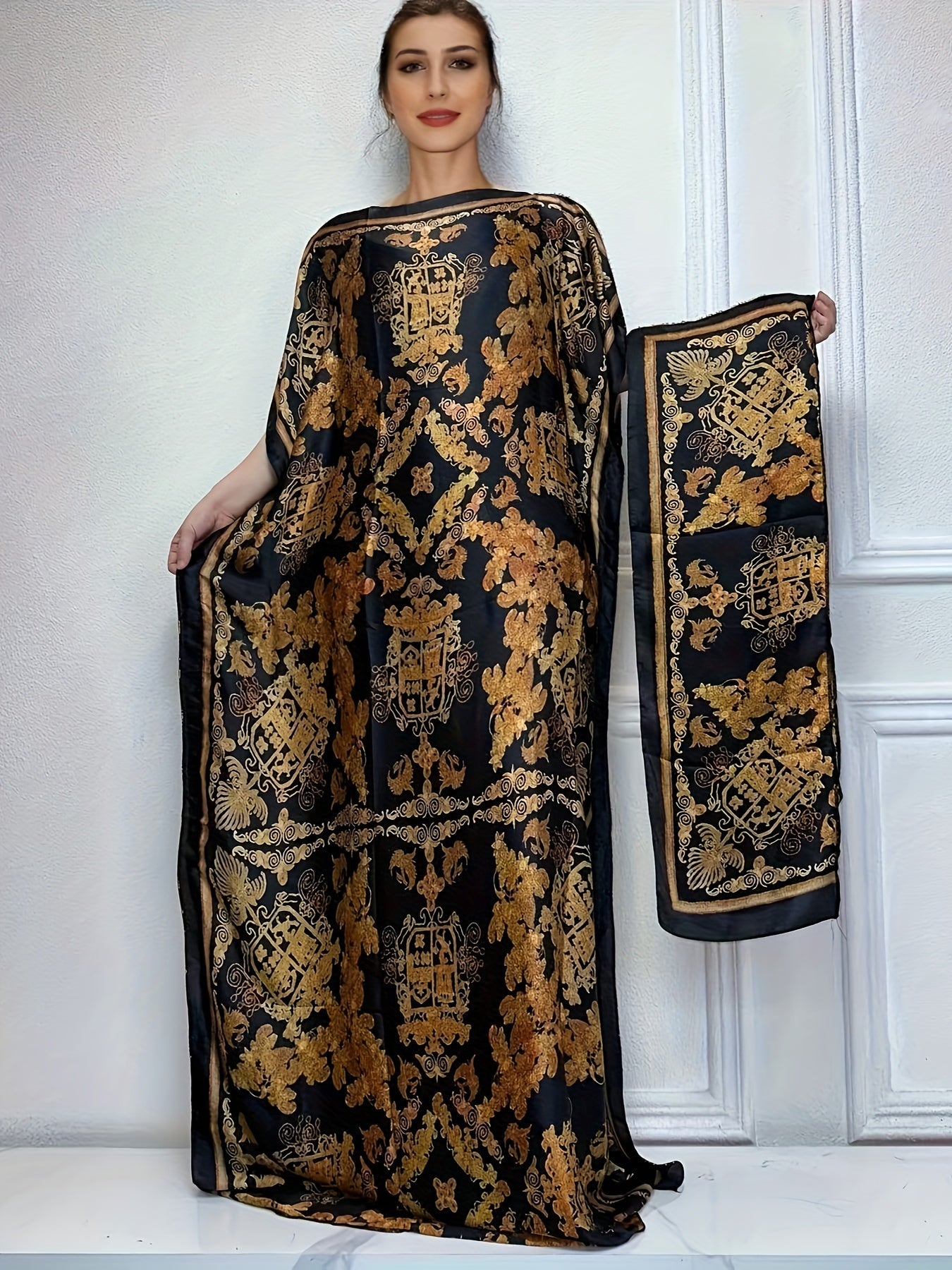 Elegant Graphic Print Boat Neck Abaya with Batwing Sleeves & Scarf - Loose Fit, Polyester, Perfect for Spring/Summer - Women's Traditional Dress