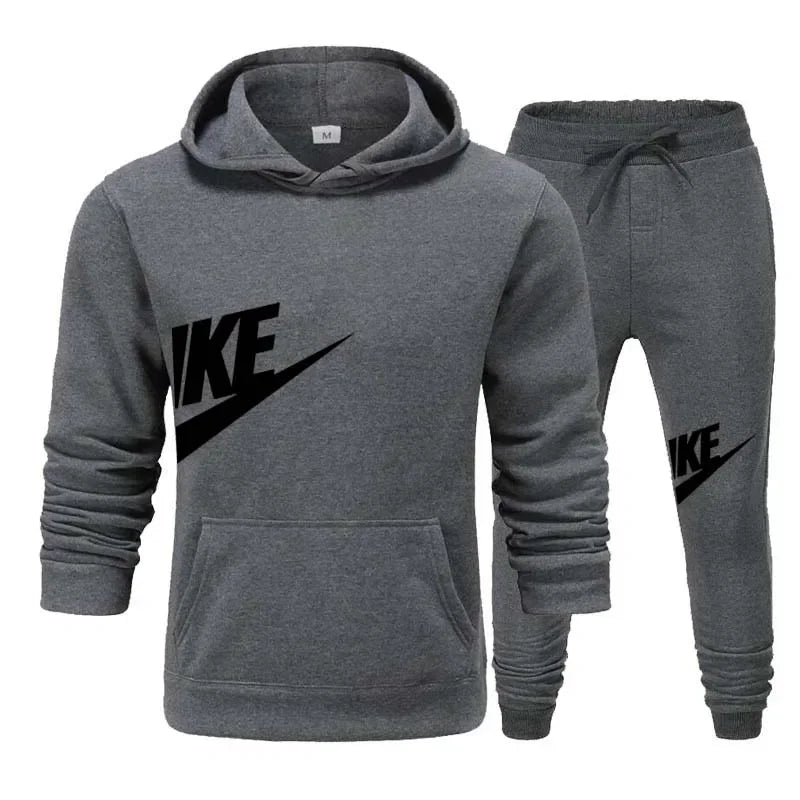 Autumn and winter new men's casual fitness running sportswear fashion print loose hooded jumper + trousers 2 sets