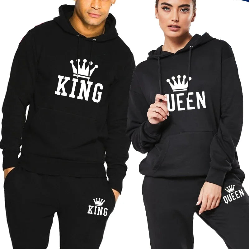 2023 Hot Sale Couple Fashion Tracksuit King Queen Hoodies and Sweatpants High Quality Men Women Daily Casual Sports Jogging Suit