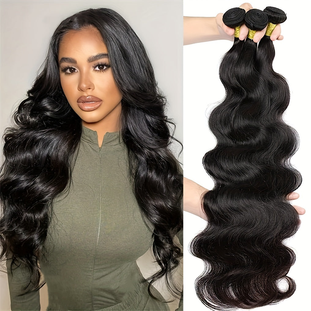 3pcs Luxurious Natural Black Human Hair Extensions for Women - 10A Grade, Body Wave Style, 20.32-76.2 cm, Versatile for All Ethnicities