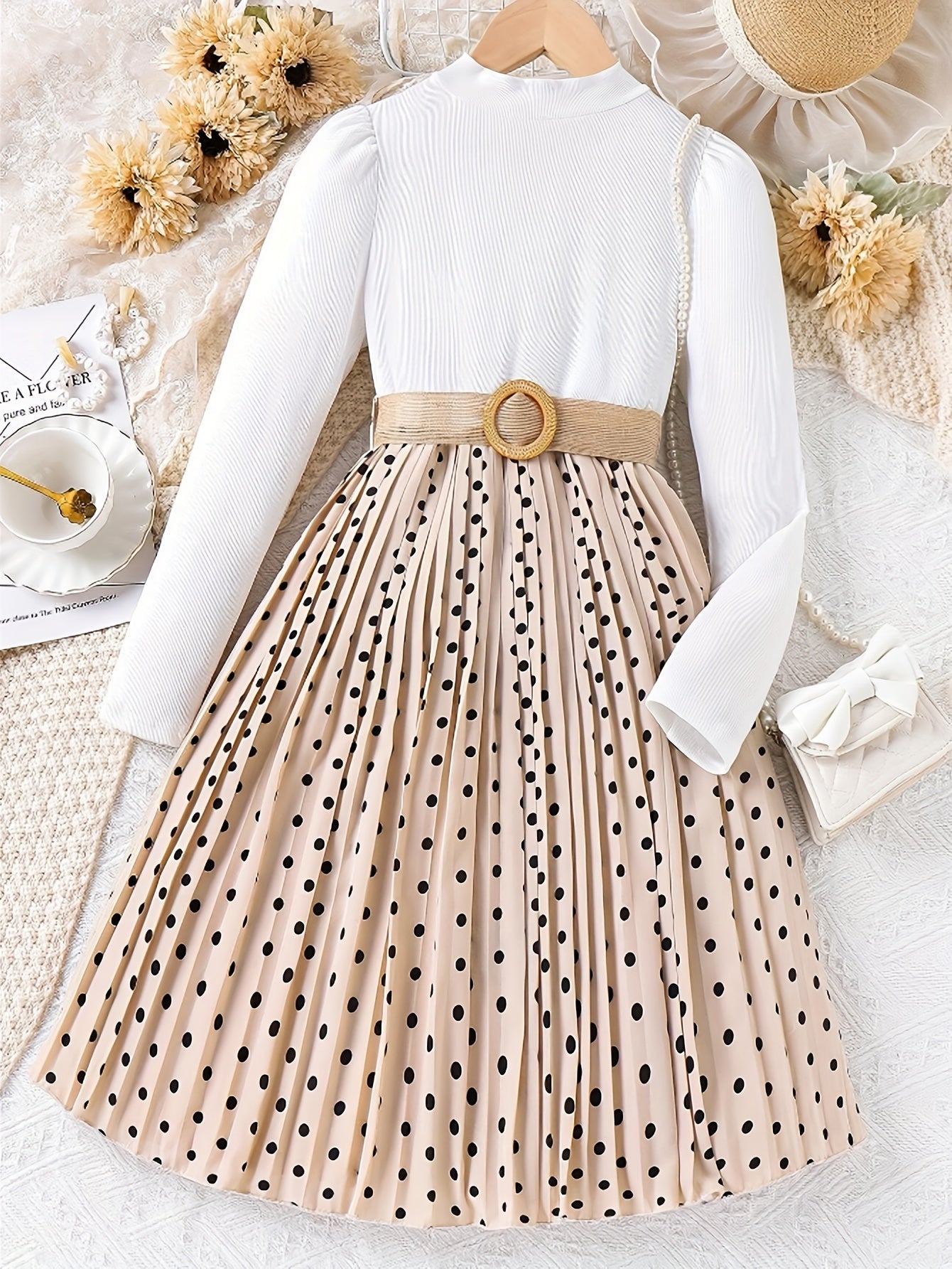 Girls Elegant & Stylish Long Sleeve Color Contrast Polka Dots Print Belted Knit Dress for Spring & Fall