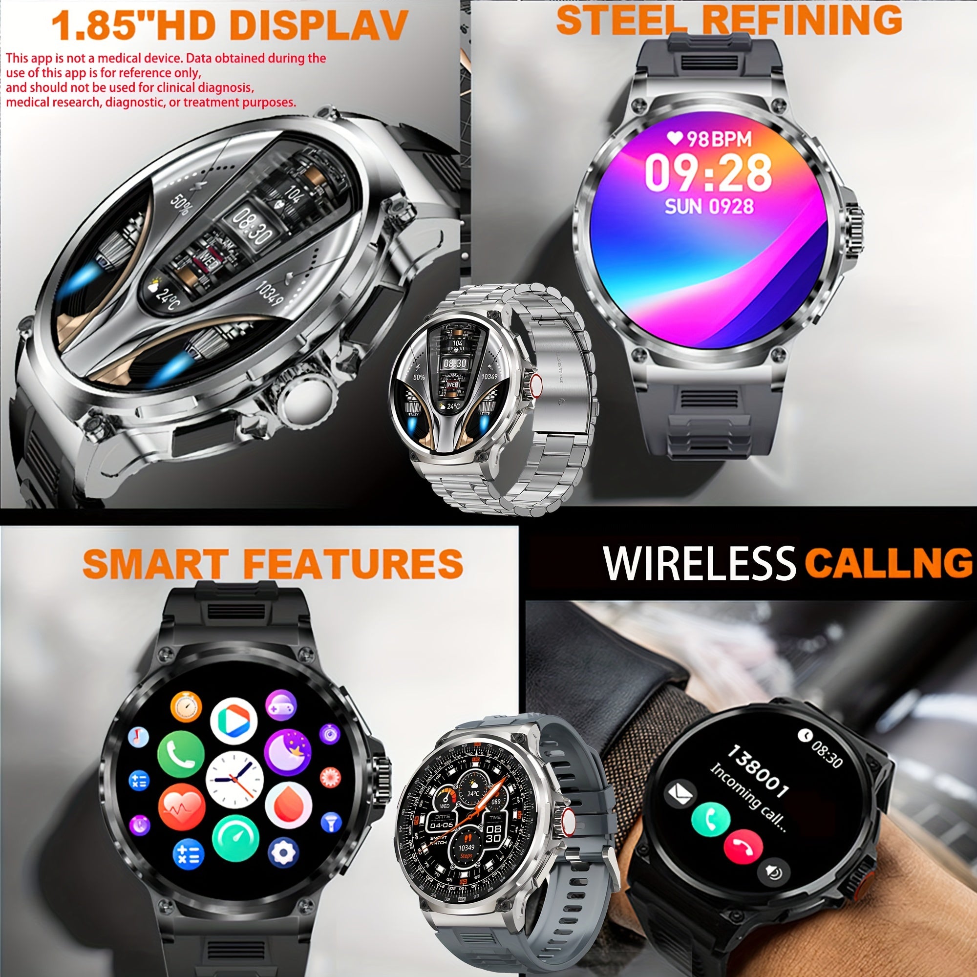 4.7cm Multi-Function Smart Watch for Men - Fitness Tracker with Sleep Monitor, Calorie Counter, Call Integration, Wireless Call, Step Tracker, Multi Sports Modes, And 2 Watch Bands (Silvery)