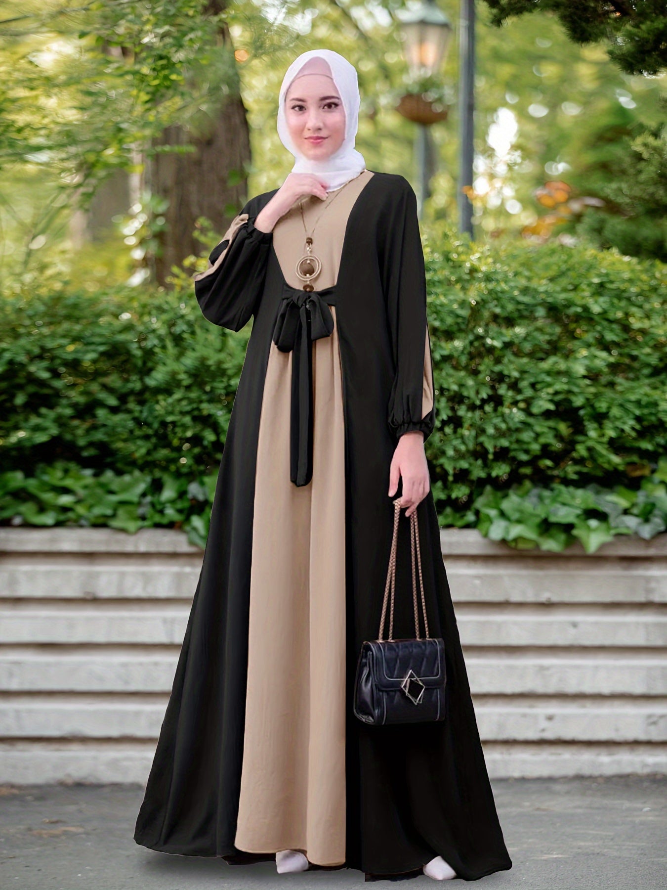 Color Block Long Sleeve Maxi Dress With Tie Front, Elegant Muslim Crew Neck Modest Loose Dress, Women's Clothing