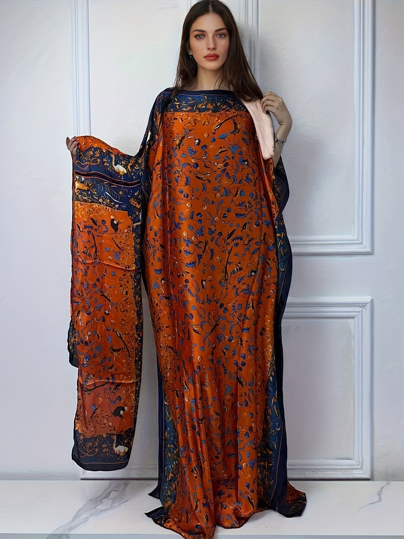 Elegant Batwing Sleeve Maxi Abaya Dress with Belt - Loose Fit, Boat Neck, Floral Print for Women - Perfect for Spring & Summer