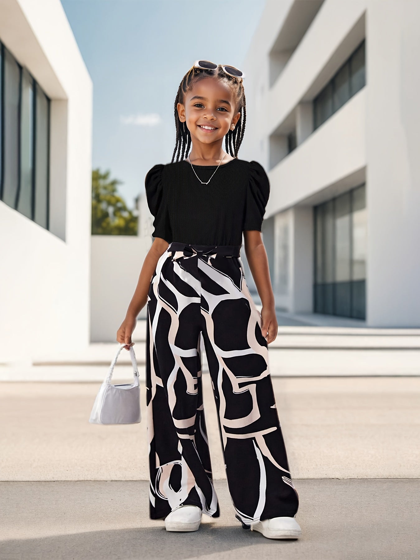 Chic Girls' Bubble Sleeve Black Top & Stylish Floral Print Wide-Leg Pants Set - Casual Polyester Outfit for Youngsters 3+, Perfect for Spring/Summer, Girls Clothes, Perfect for Outdoor