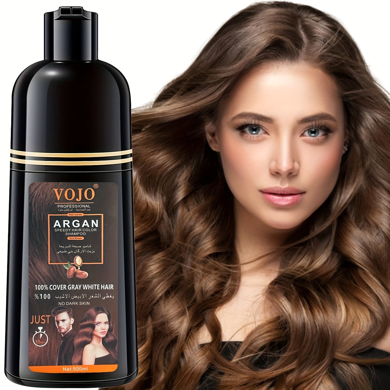 VOJO Argan Oil 3-in-1 Black Hair Dye Shampoo, Unisex-Adult Foam Formula, Instant Herbal Gray Hair Cover, Suitable for Normal Hair Styles, for Women and Men