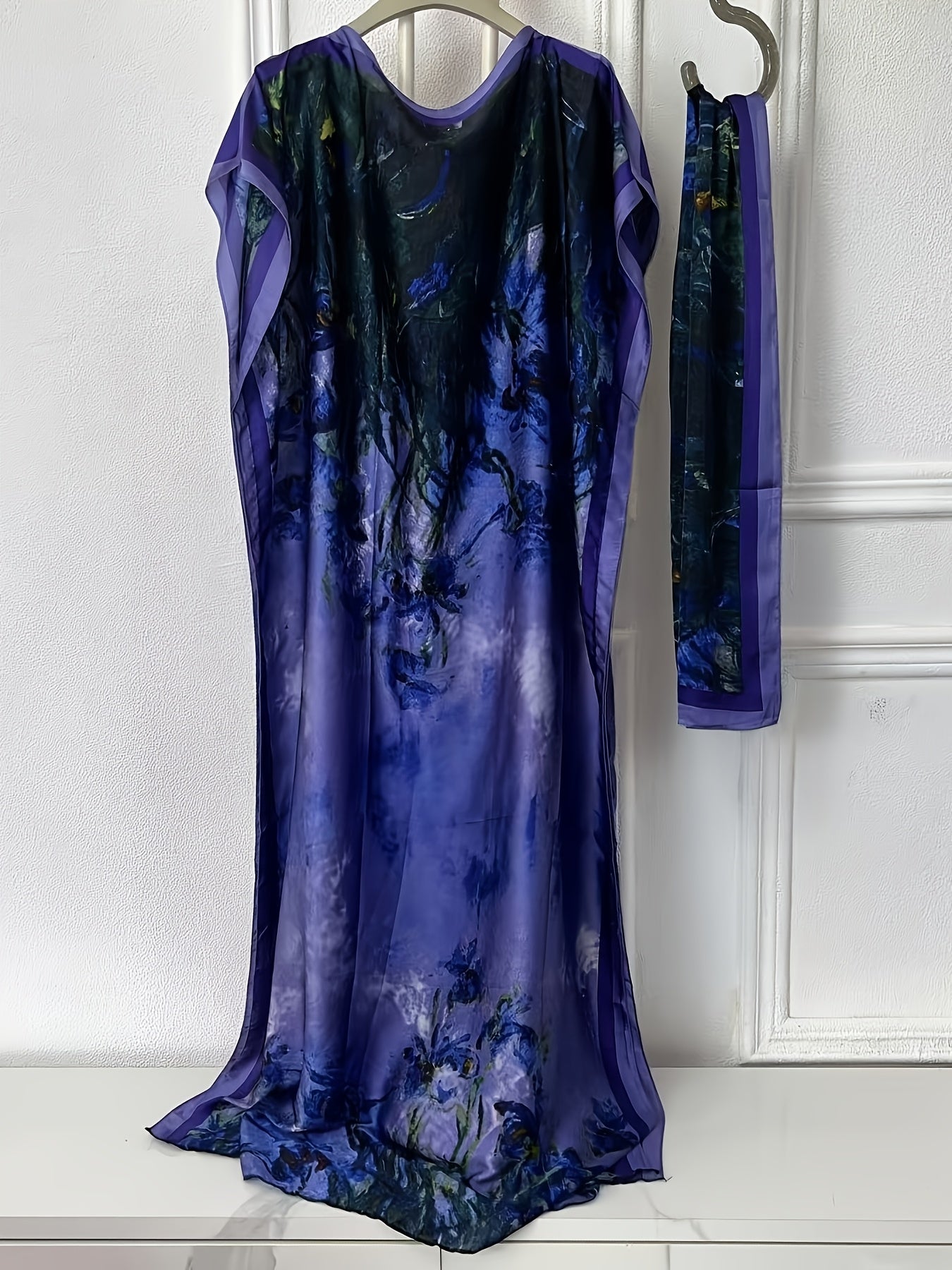 Elegant Floral Print Boat Neck Abaya - Loose Fit with Batwing Sleeves, Polyester, Non-Sheer - Perfect for All Seasons