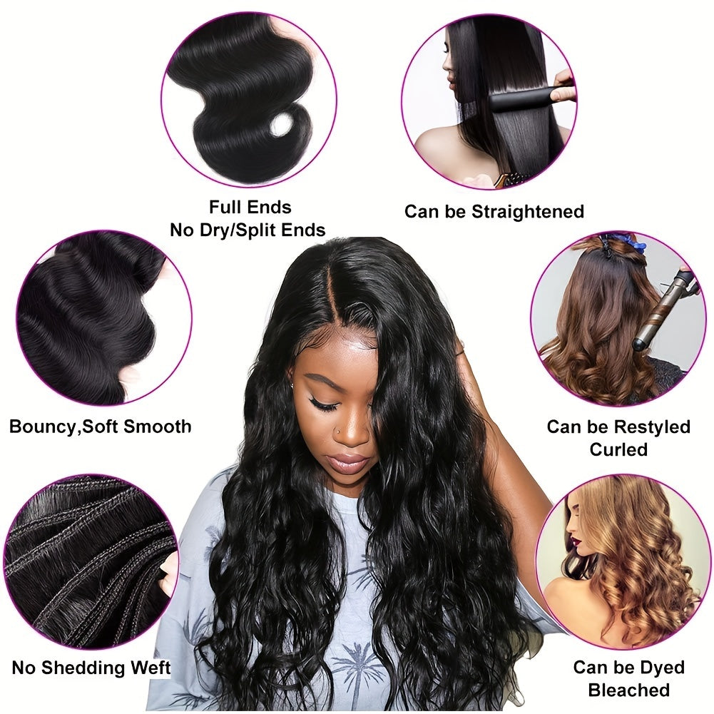 Yavida Body Wave Human Hair Extensions for Women - 3 Bundles, 12A Grade Brazilian Virgin Hair, Natural Black, 25.4-76.2 cm