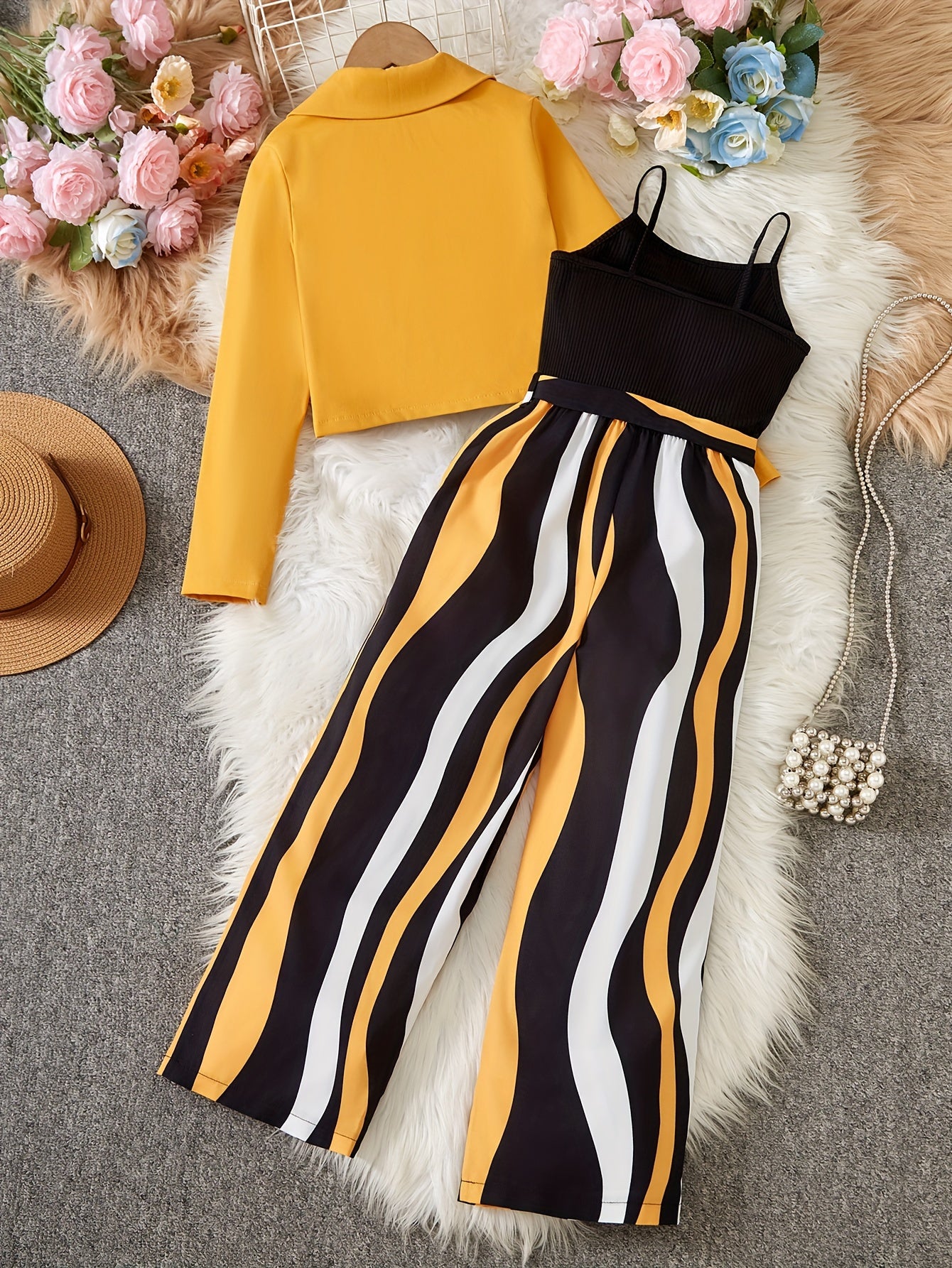 Girl's Outfit: Long Sleeve Short Blazer + Camisole + Striped Jumpsuit Set Includes Belt [Stripe Pattern Is Random], Outdoor Cloth