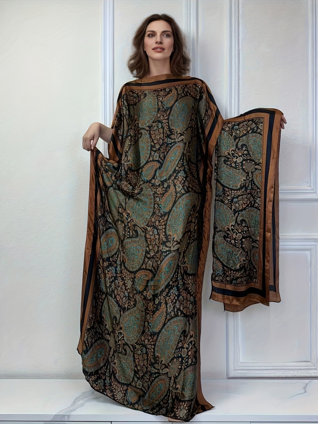 Elegant Floral Print Boat Neck Abaya with Batwing Sleeves - Loose Fit Maxi Dress for Women, Perfect for Spring & Summer