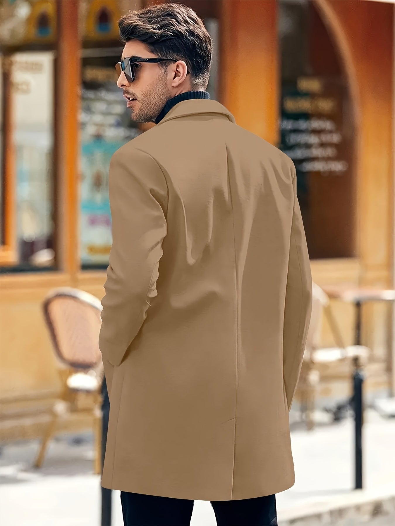 1pc Men'S Fall/Winter Polyester Coat - 100% Solid Color Long Sleeve Lapel Work Jacket with Button Details, Non-Stretch Woven Fabric, Regular Fit