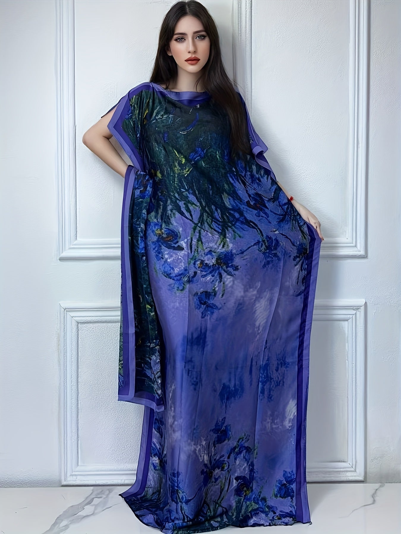 Elegant Floral Print Boat Neck Abaya - Loose Fit with Batwing Sleeves, Polyester, Non-Sheer - Perfect for All Seasons