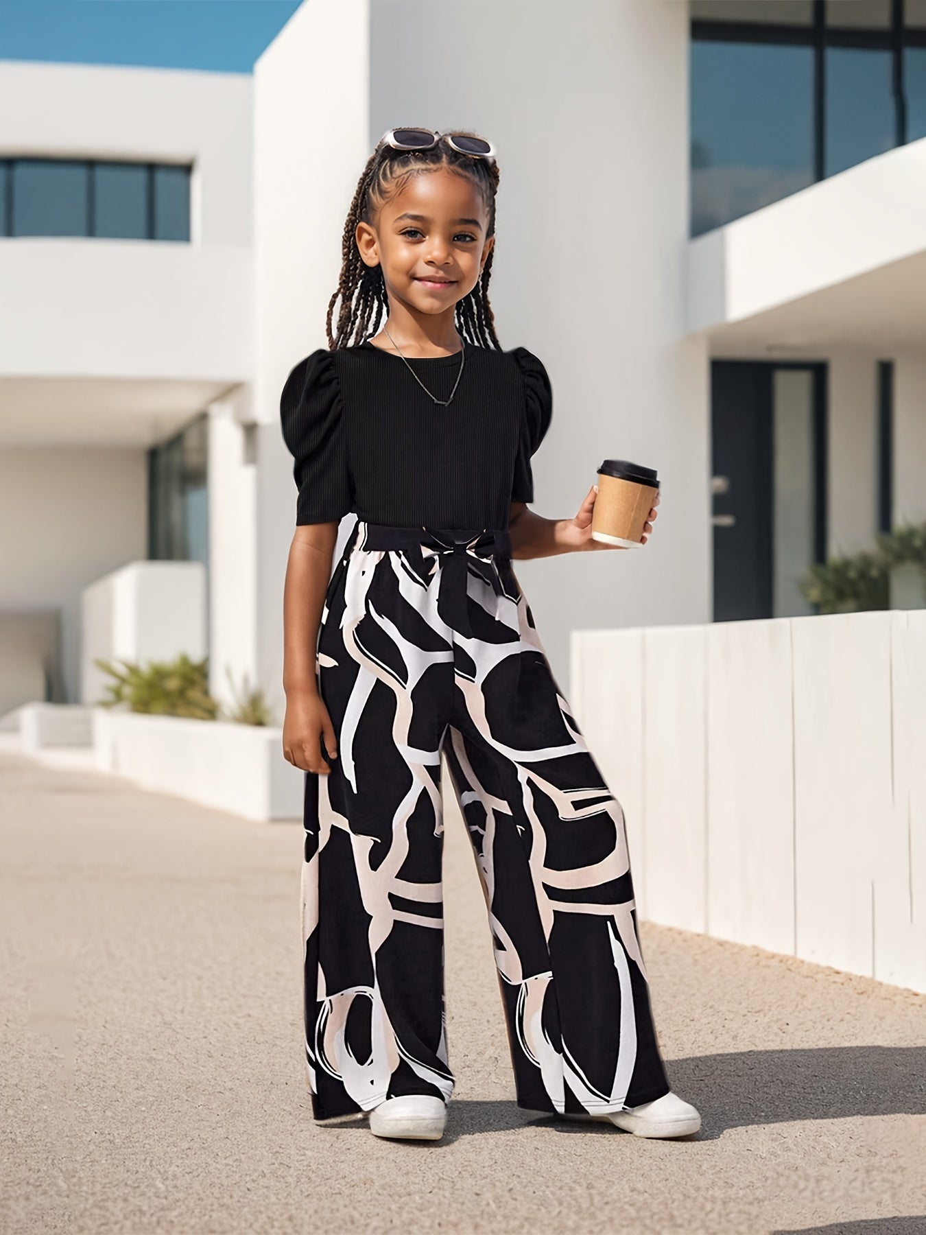 Chic Girls' Bubble Sleeve Black Top & Stylish Floral Print Wide-Leg Pants Set - Casual Polyester Outfit for Youngsters 3+, Perfect for Spring/Summer, Girls Clothes, Perfect for Outdoor