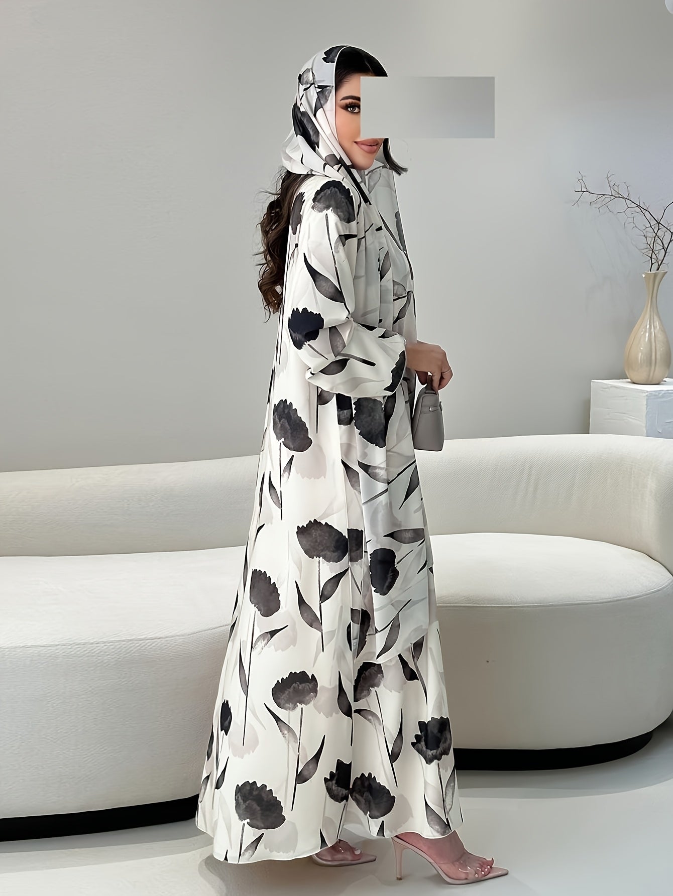 Elegant Plus-Size Floral Maxi Kaftan with Hijab - Lightweight Polyester, Long Sleeve, Open Front Cardigan for Women - Ideal for Ramadan & Beyond - Spring/Summer/Autumn Wear