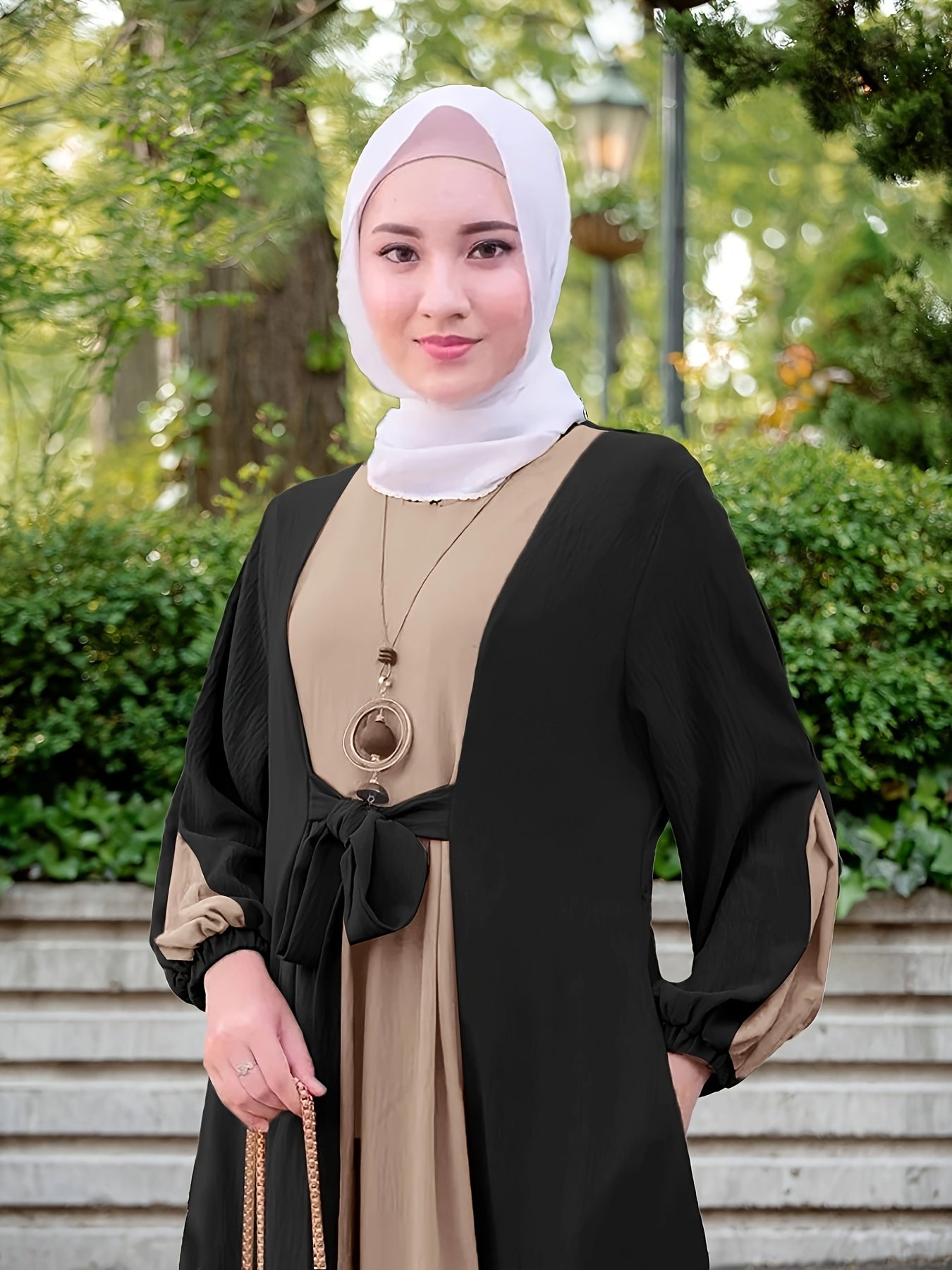 Color Block Long Sleeve Maxi Dress With Tie Front, Elegant Muslim Crew Neck Modest Loose Dress, Women's Clothing