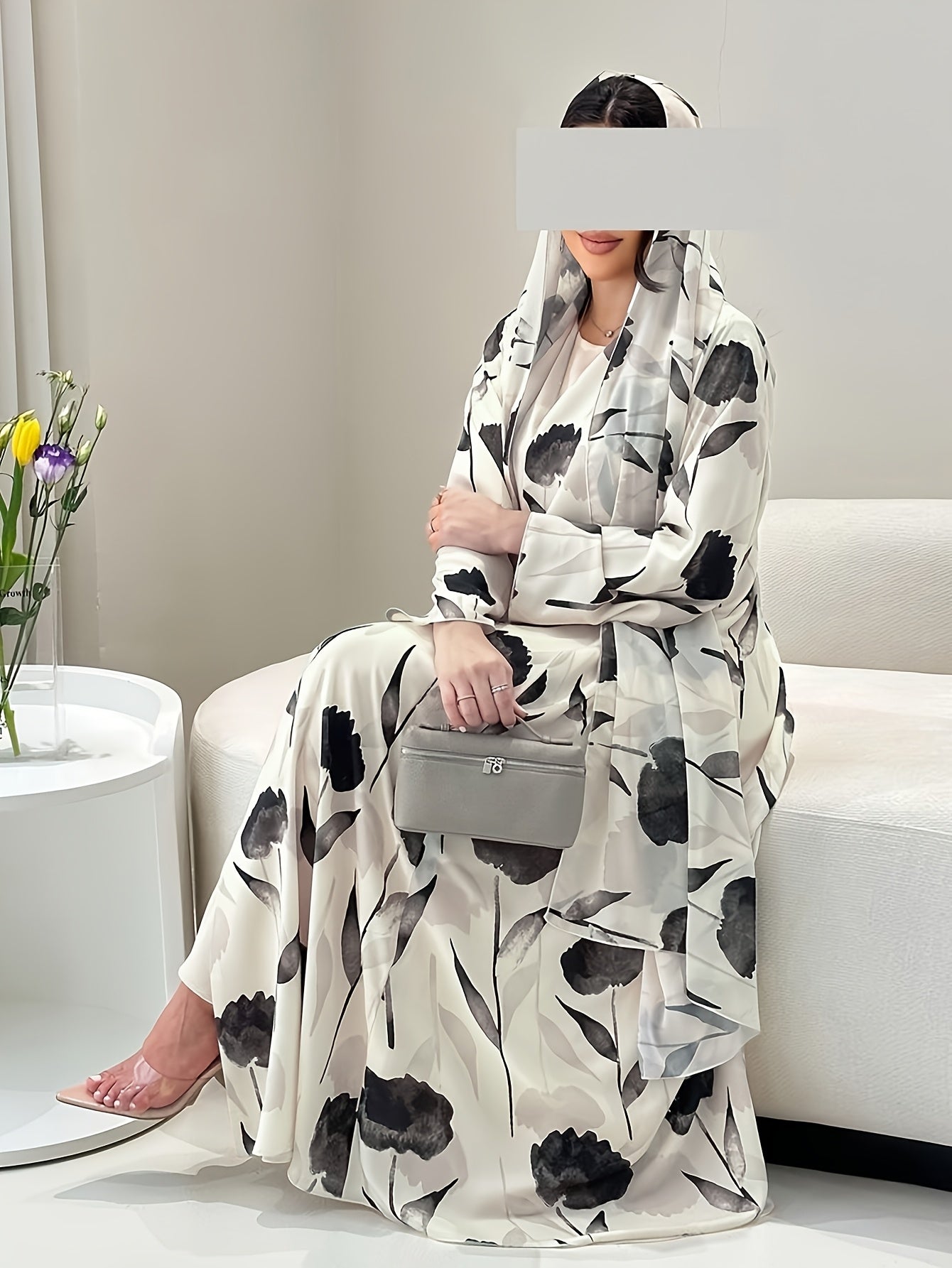 Elegant Plus-Size Floral Maxi Kaftan with Hijab - Lightweight Polyester, Long Sleeve, Open Front Cardigan for Women - Ideal for Ramadan & Beyond - Spring/Summer/Autumn Wear